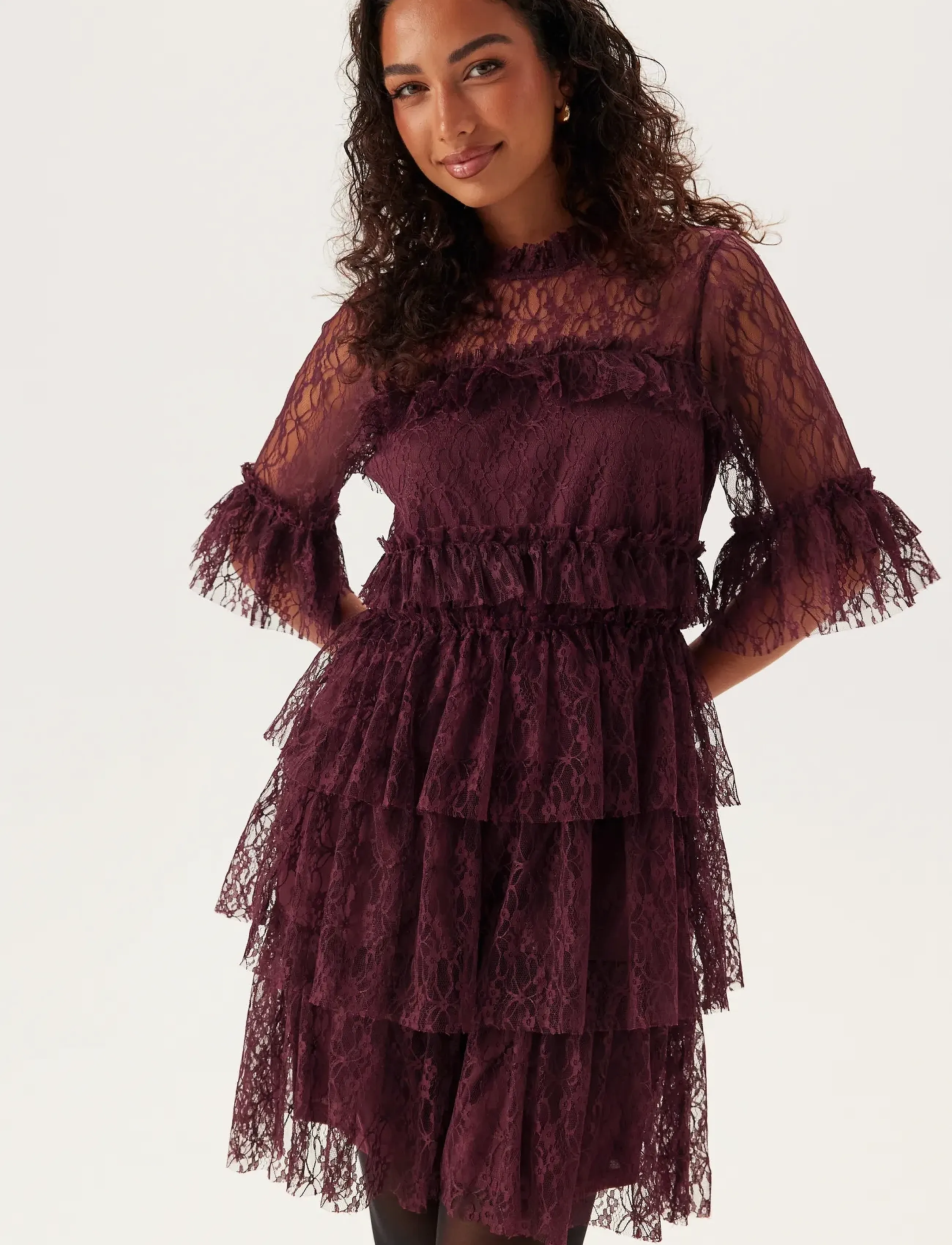 Bubbleroom - Frill Lace Dress - burgundy - 3