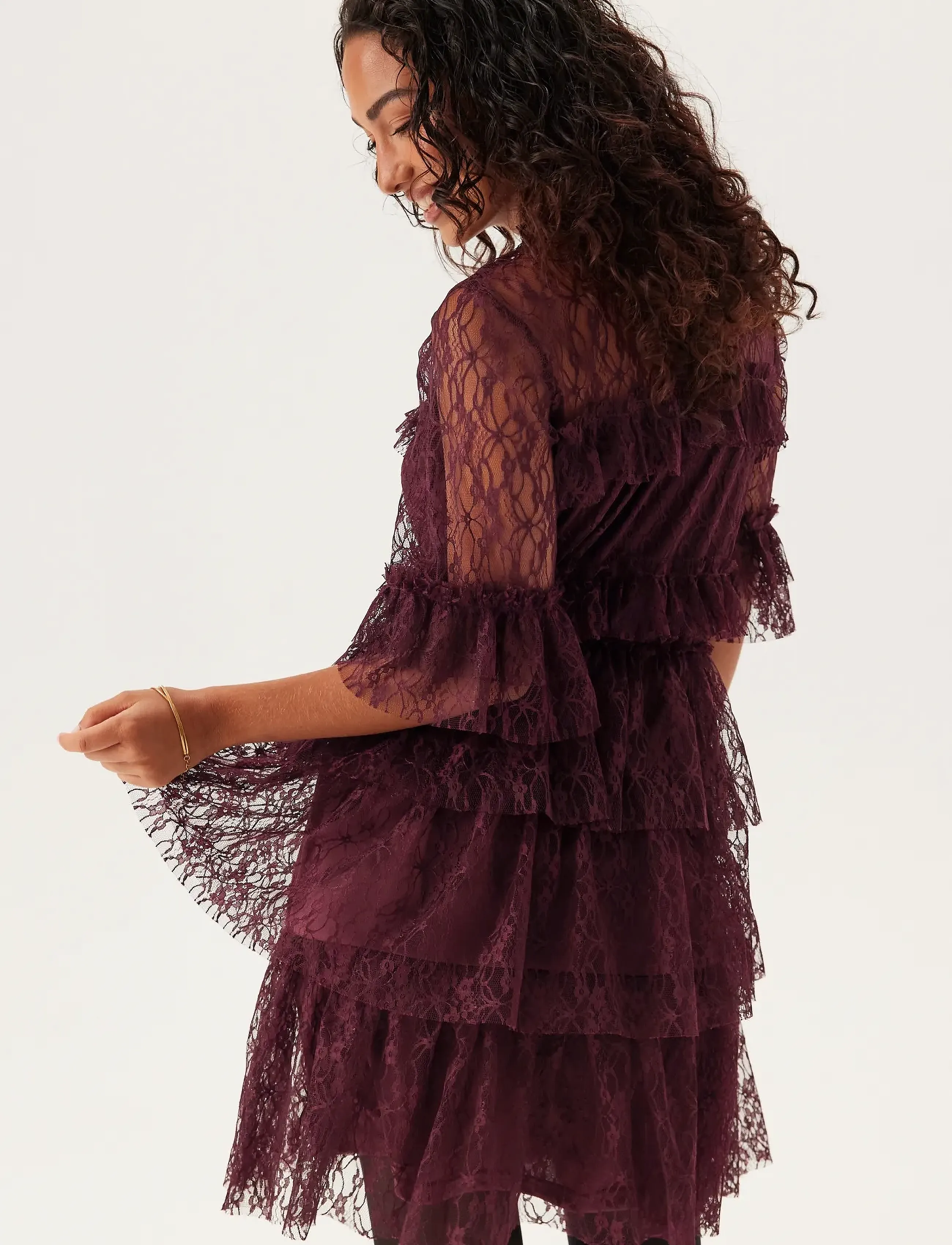 Bubbleroom - Frill Lace Dress - burgundy - 4