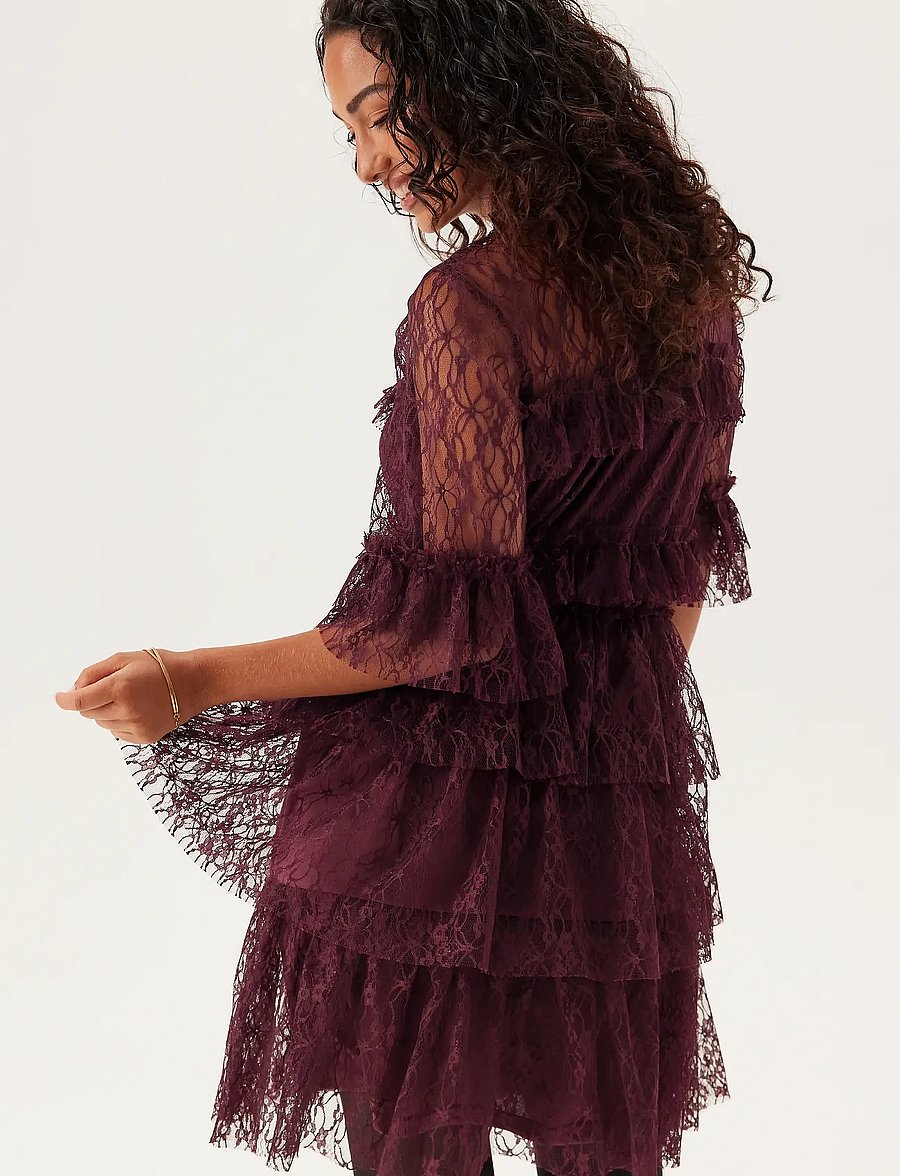 Bubbleroom - Frill Lace Dress - burgundy - 4