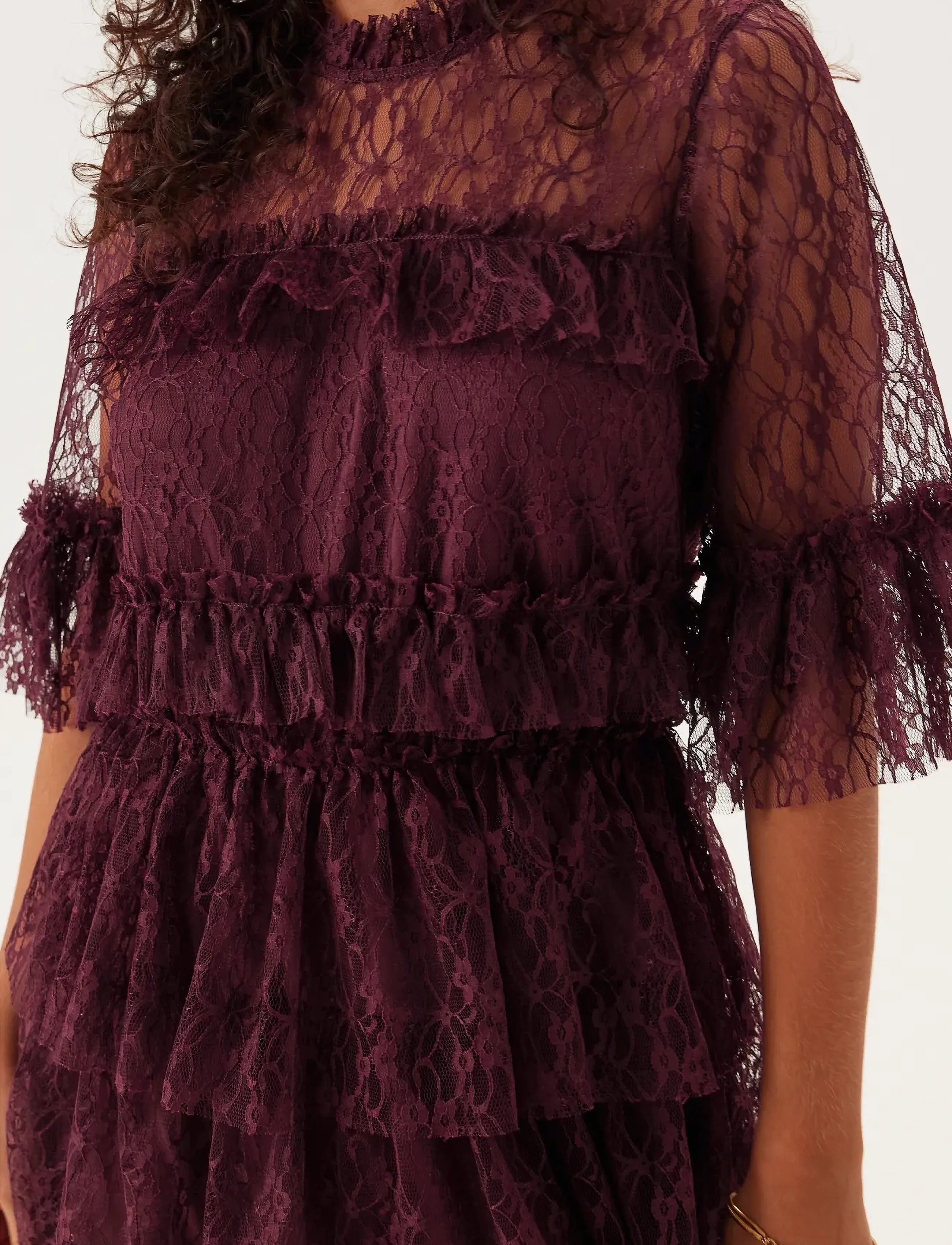 Bubbleroom - Frill Lace Dress - burgundy - 5