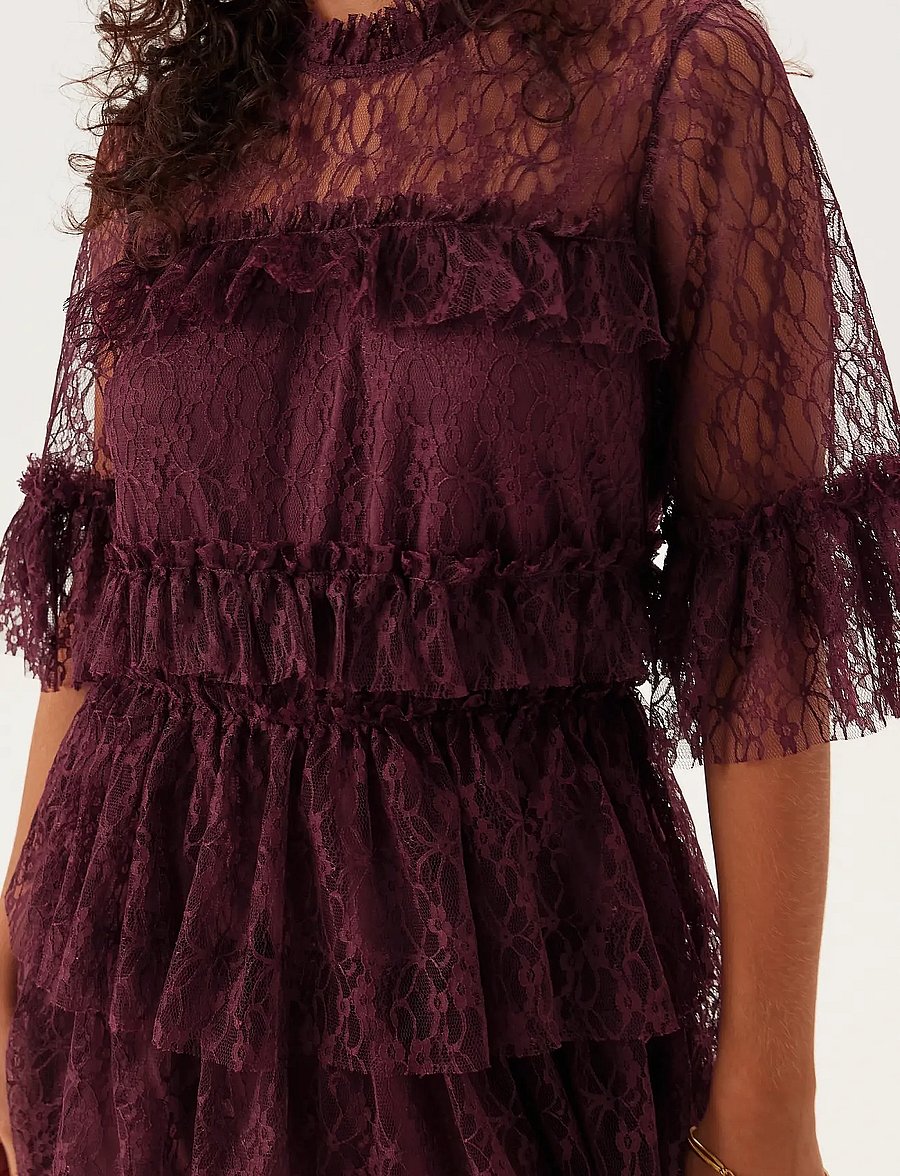 Bubbleroom - Frill Lace Dress - burgundy - 5