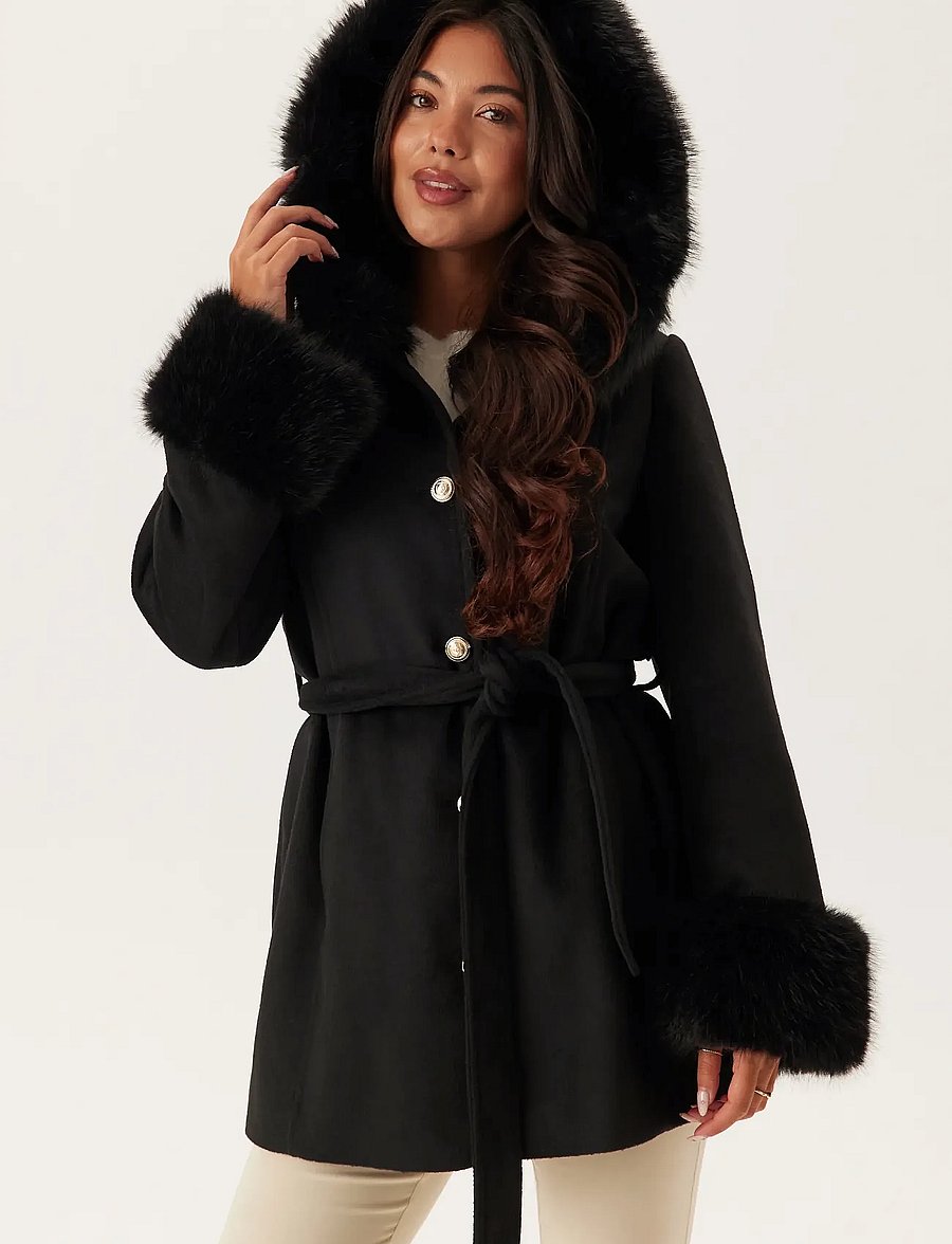 Bubbleroom - Hooded Wool Blend Coat - black - 0