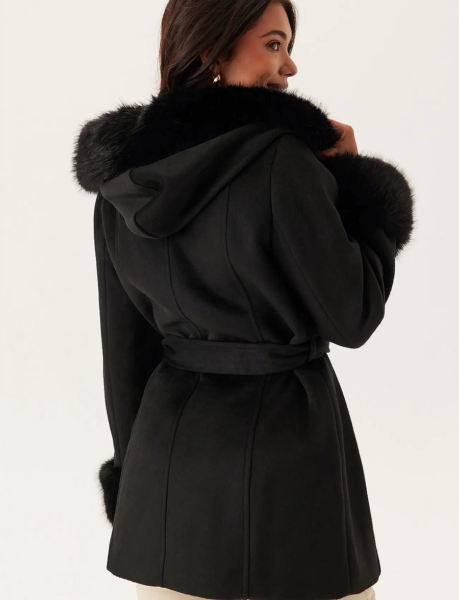 Bubbleroom - Hooded Wool Blend Coat - black - 5