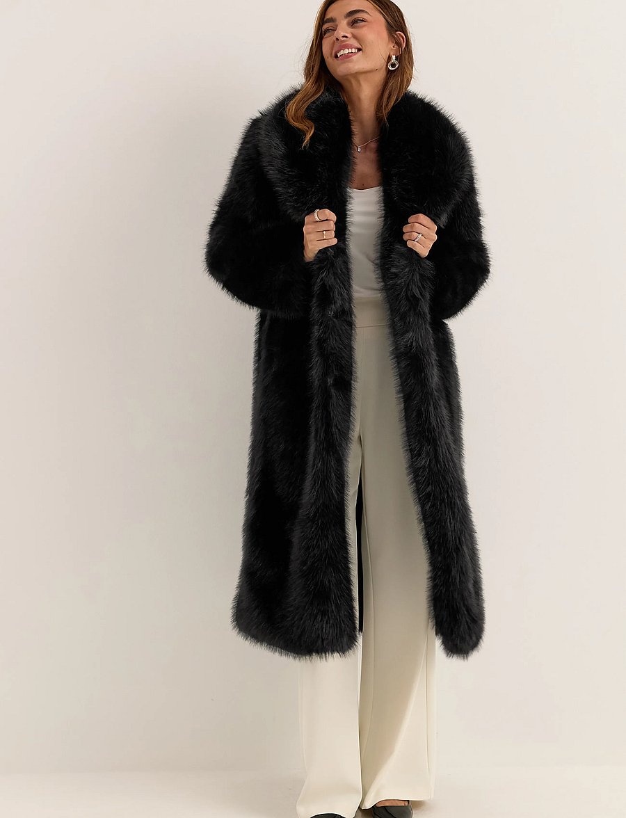 Bubbleroom - Long Faux Fur Coat - faux fur jakker - black - 4