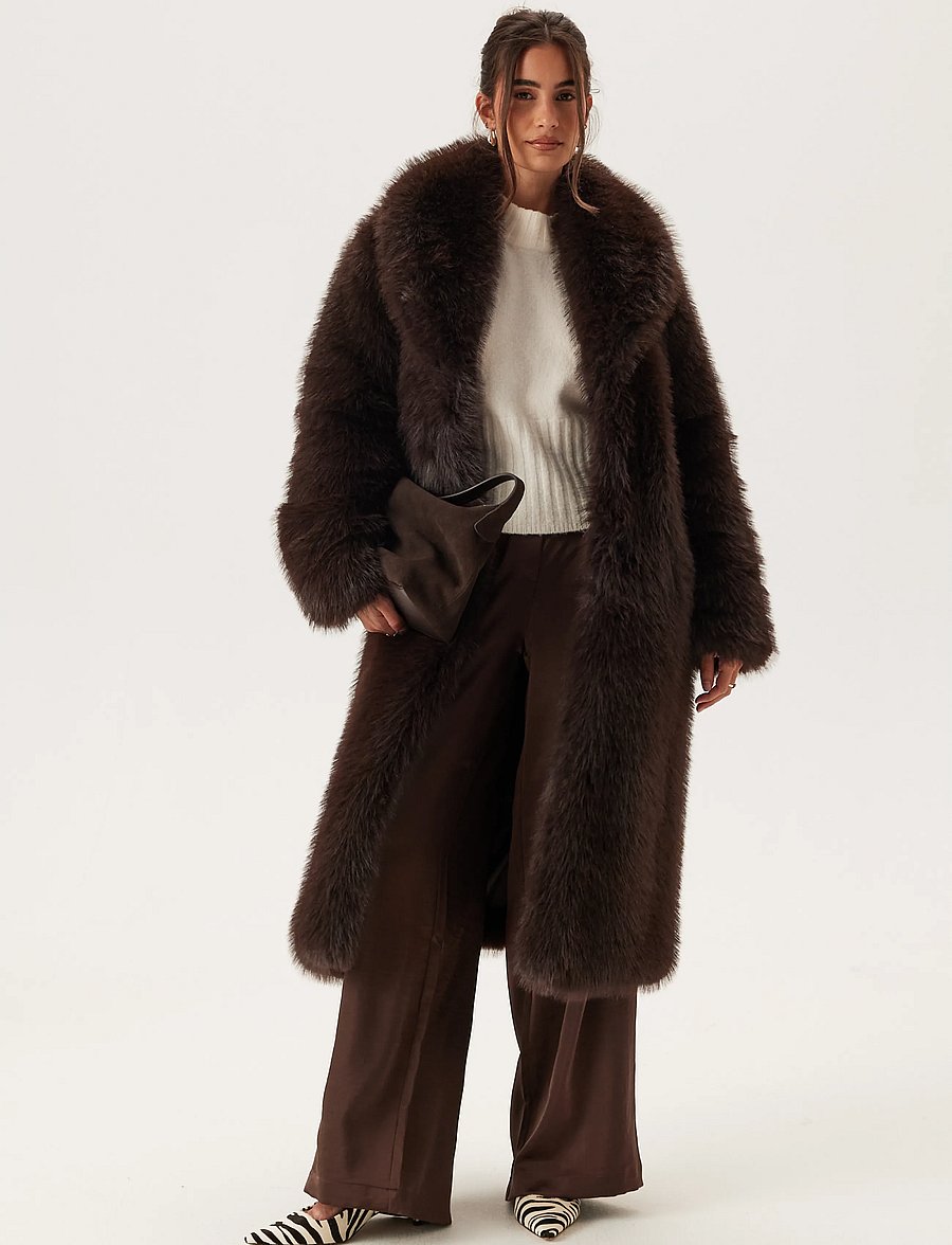 Bubbleroom - Long Faux Fur Coat - faux fur - dark brown - 0