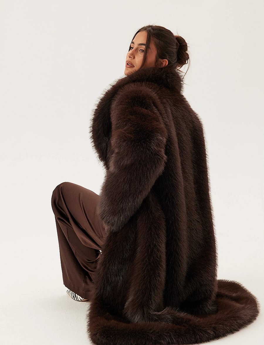 Bubbleroom - Long Faux Fur Coat - faux fur - dark brown - 3