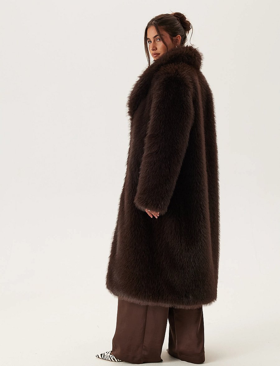 Bubbleroom - Long Faux Fur Coat - faux fur - dark brown - 4