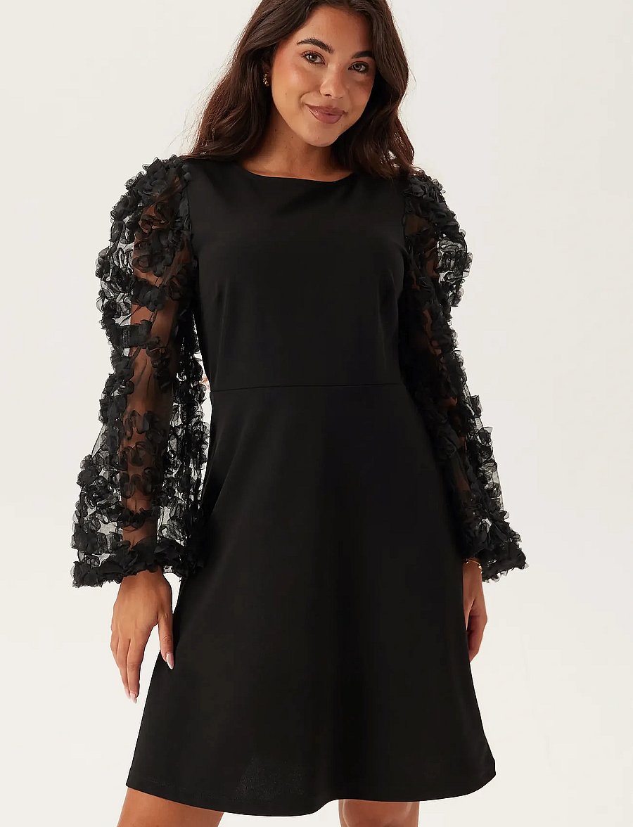 Bubbleroom - 3D Floral Sleeve Short Dress - black - 0