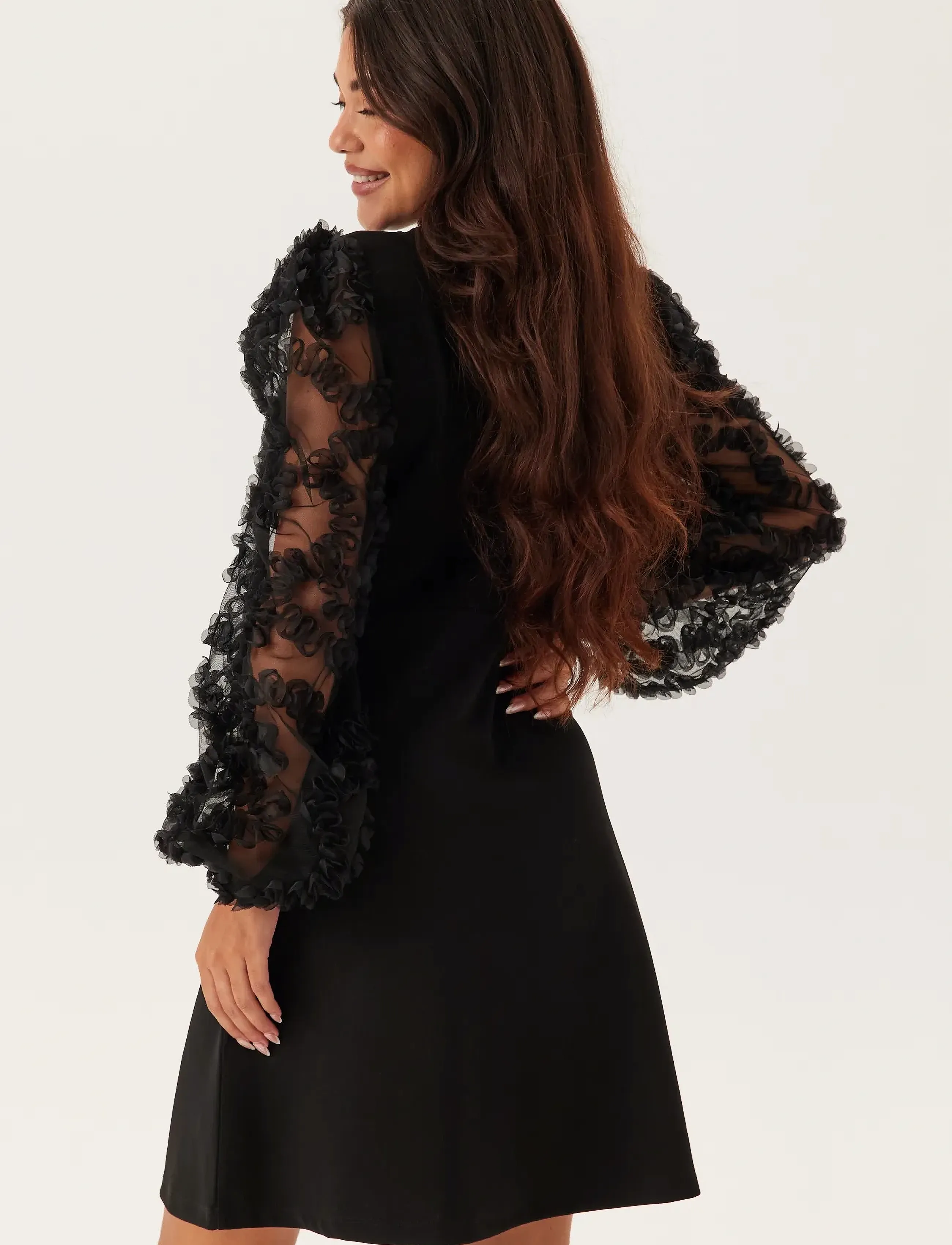 Bubbleroom - 3D Floral Sleeve Short Dress - black - 3