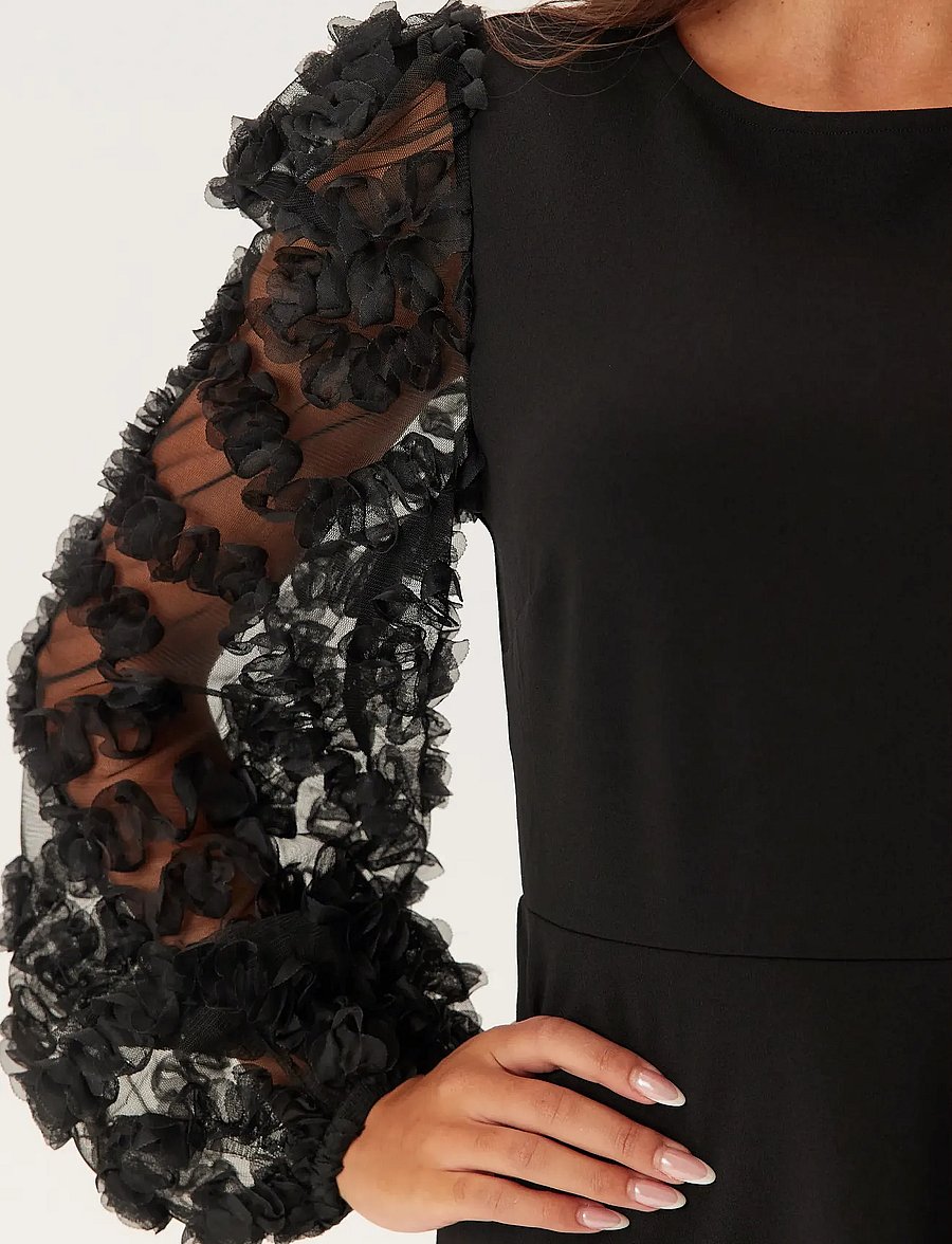 Bubbleroom - 3D Floral Sleeve Short Dress - black - 5