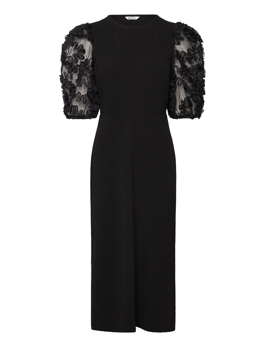 Bubbleroom - 3D Floral Sleeve Midi Dress - black - 1