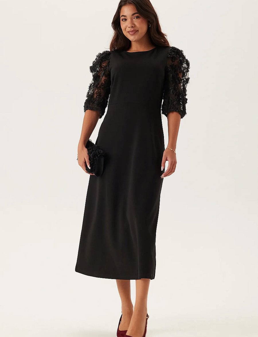 Bubbleroom - 3D Floral Sleeve Midi Dress - black - 0