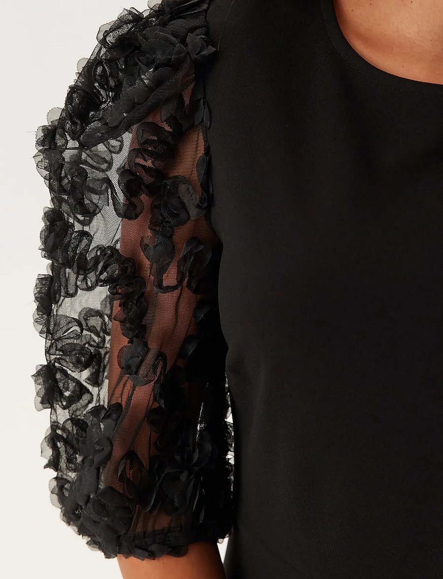 Bubbleroom - 3D Floral Sleeve Midi Dress - black - 5