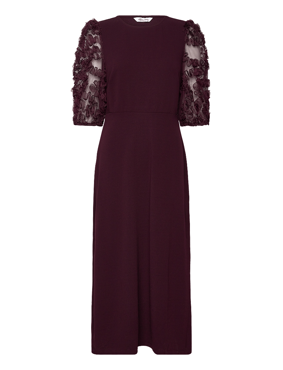 Bubbleroom - 3D Floral Sleeve Midi Dress - burgundy - 1