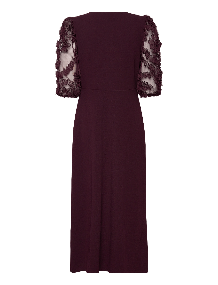 Bubbleroom - 3D Floral Sleeve Midi Dress - burgundy - 2