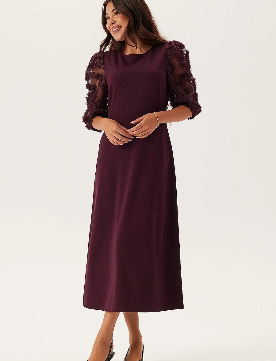 Bubbleroom - 3D Floral Sleeve Midi Dress - burgundy - 0