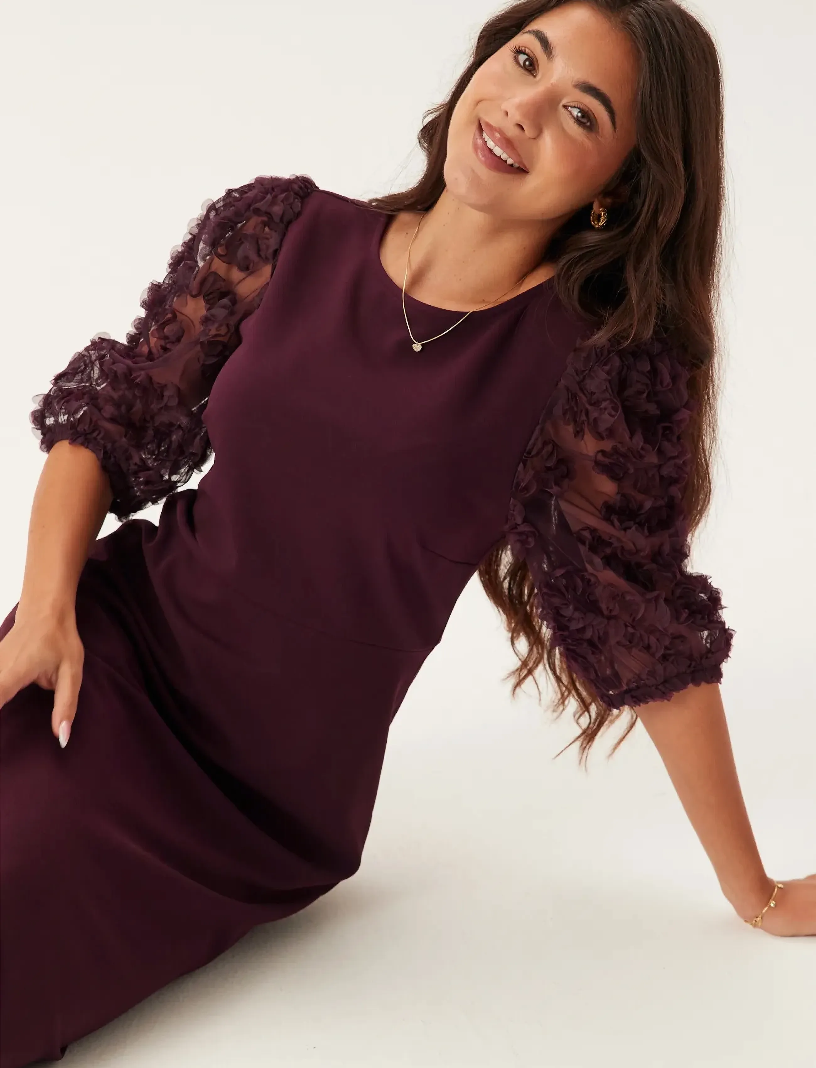 Bubbleroom - 3D Floral Sleeve Midi Dress - burgundy - 3