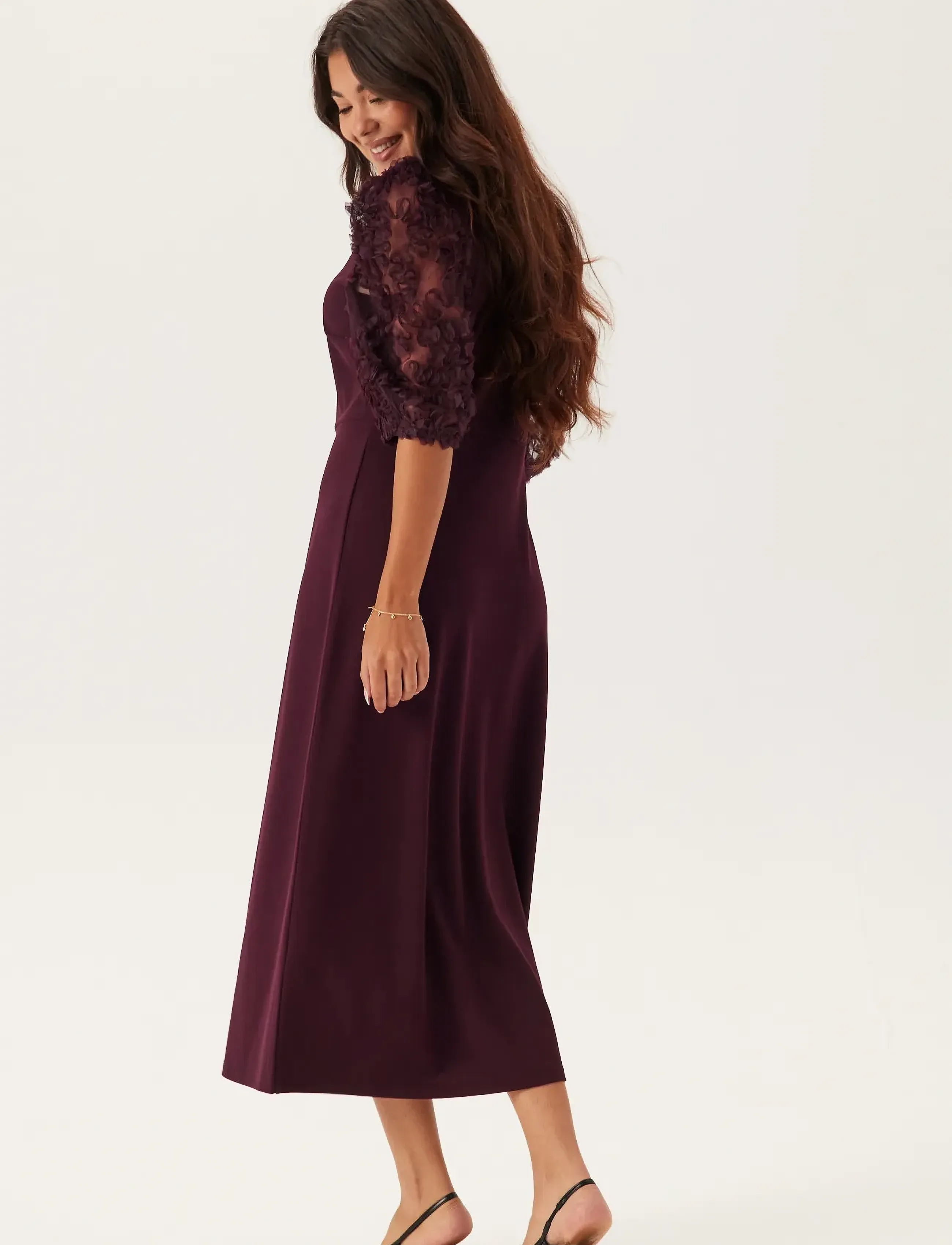 Bubbleroom - 3D Floral Sleeve Midi Dress - burgundy - 4