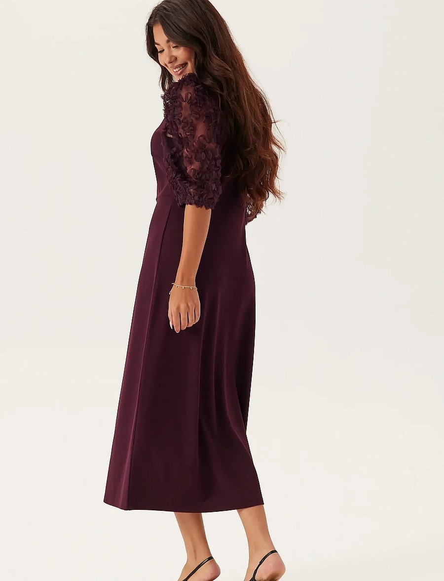 Bubbleroom - 3D Floral Sleeve Midi Dress - burgundy - 4