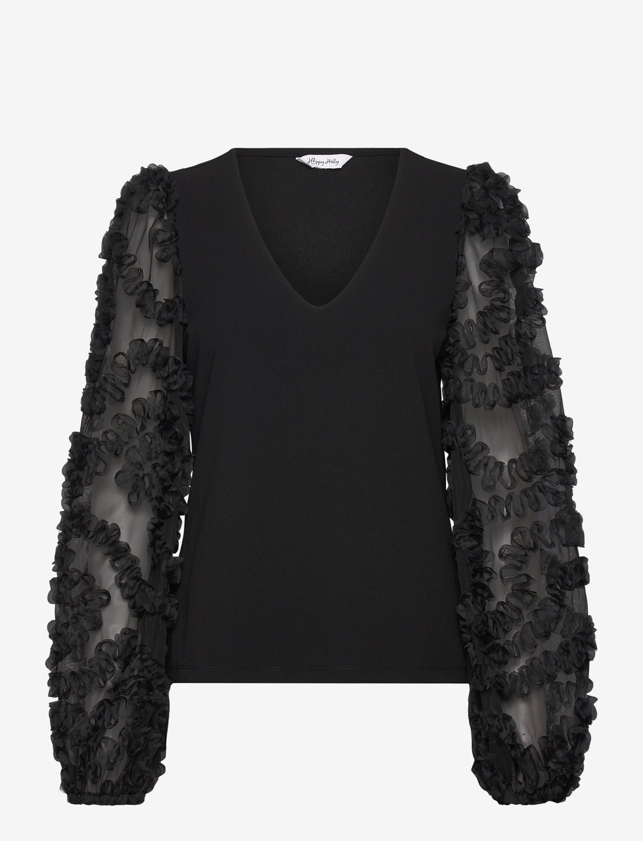 Bubbleroom - 3D Floral Sleeve V-neck Top - black - 1