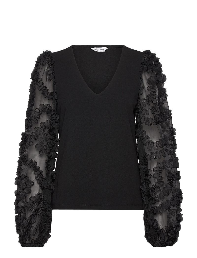 Bubbleroom - 3D Floral Sleeve V-neck Top - pikkade varrukatega pluusid - black - 1