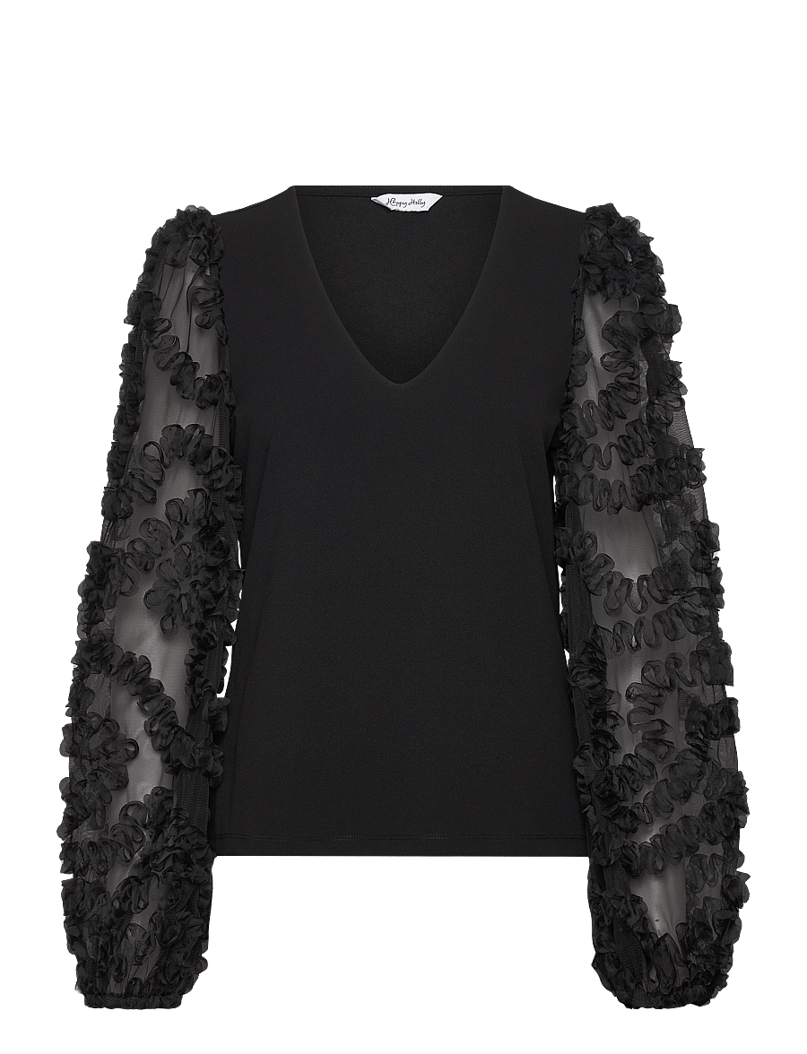 Bubbleroom - 3D Floral Sleeve V-neck Top - black - 1