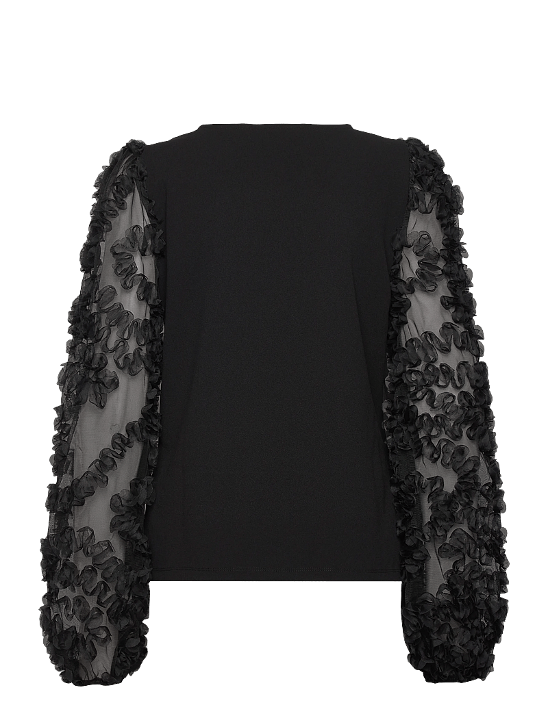 Bubbleroom - 3D Floral Sleeve V-neck Top - pikkade varrukatega pluusid - black - 2