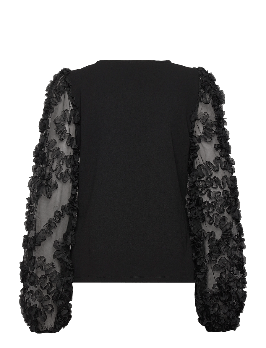 Bubbleroom - 3D Floral Sleeve V-neck Top - black - 2