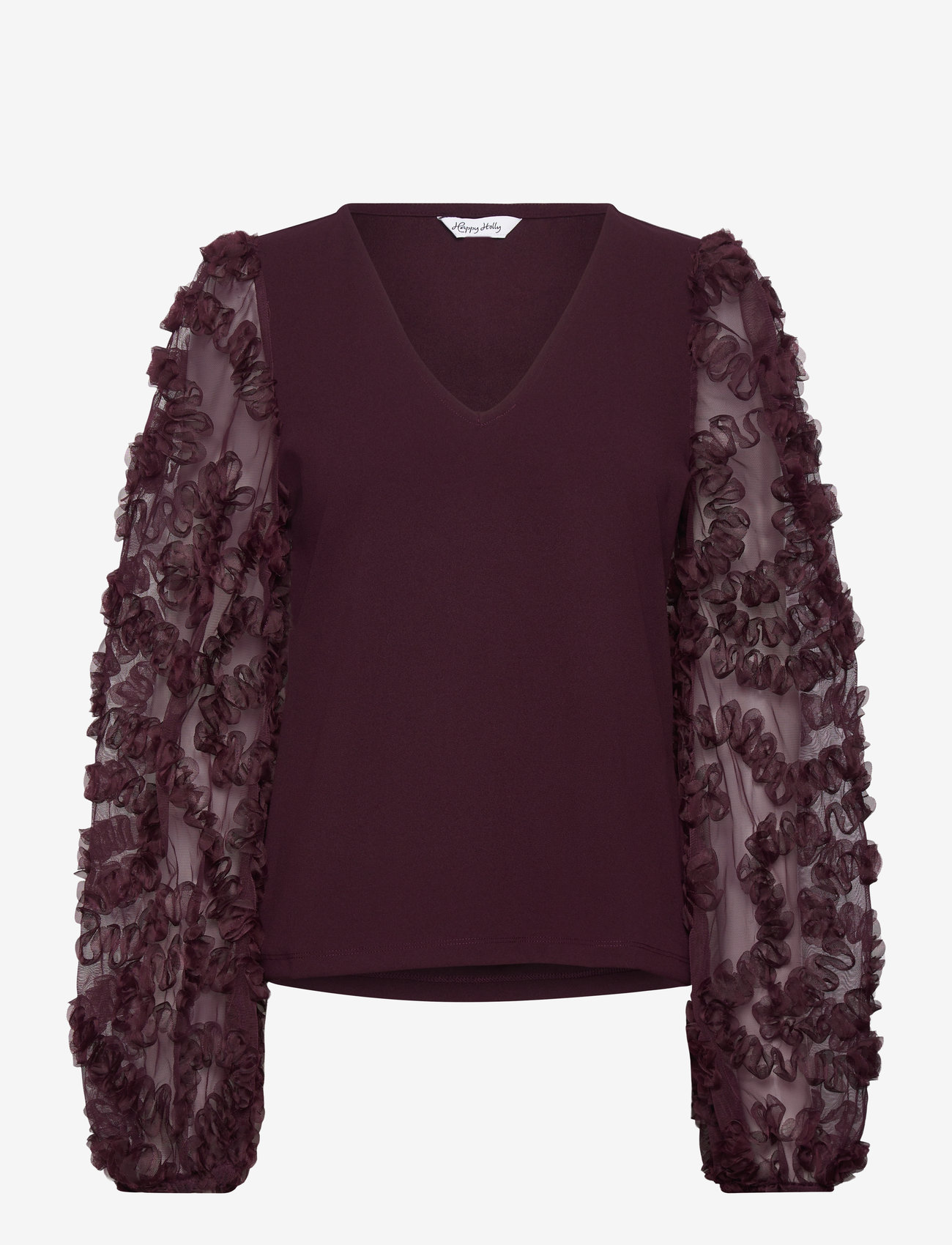 Bubbleroom - 3D Floral Sleeve V-neck Top - langärmlige blusen - burgundy - 1