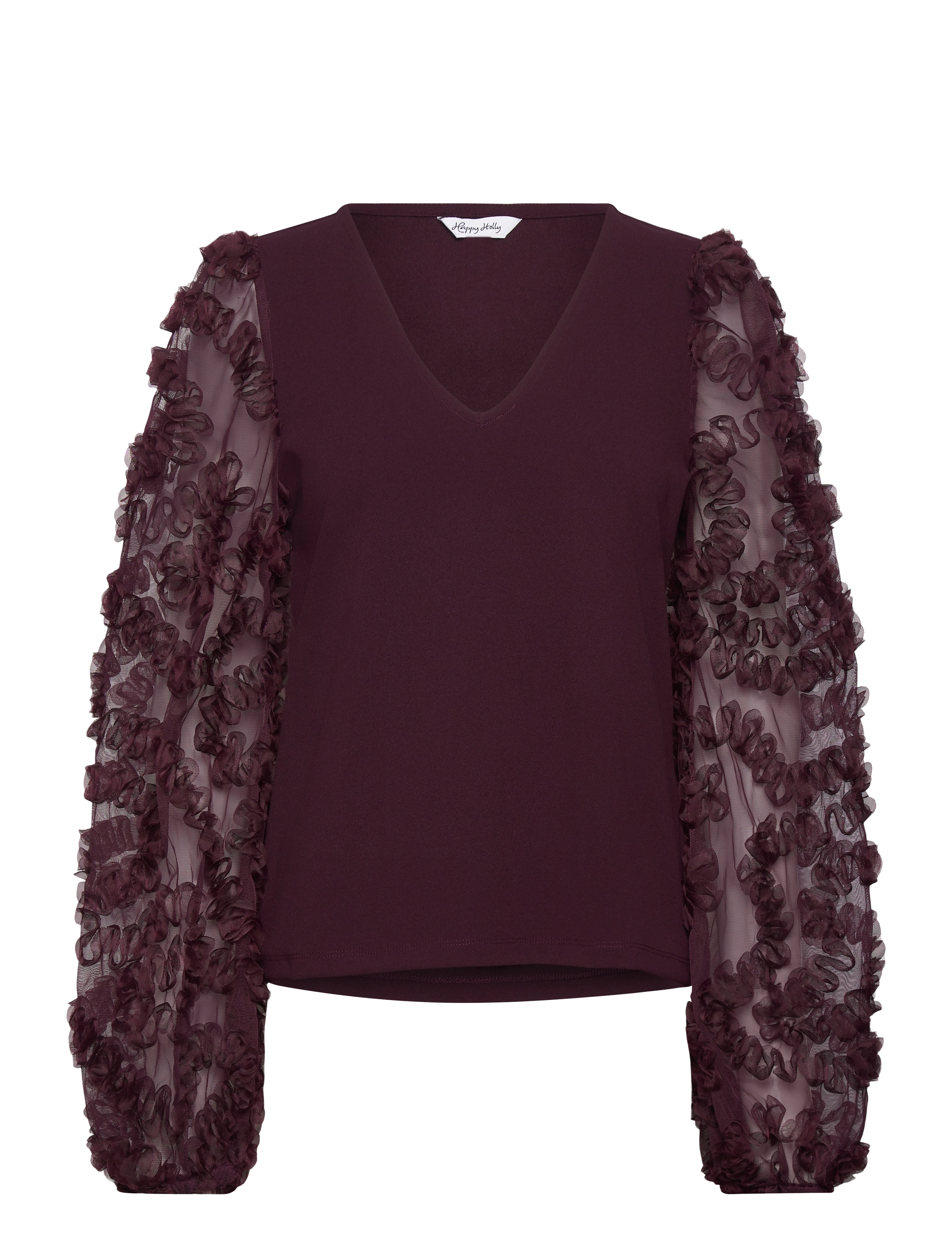 Bubbleroom 3D Floral Sleeve V-neck Top - Bluser - BURGUNDY / burgundy