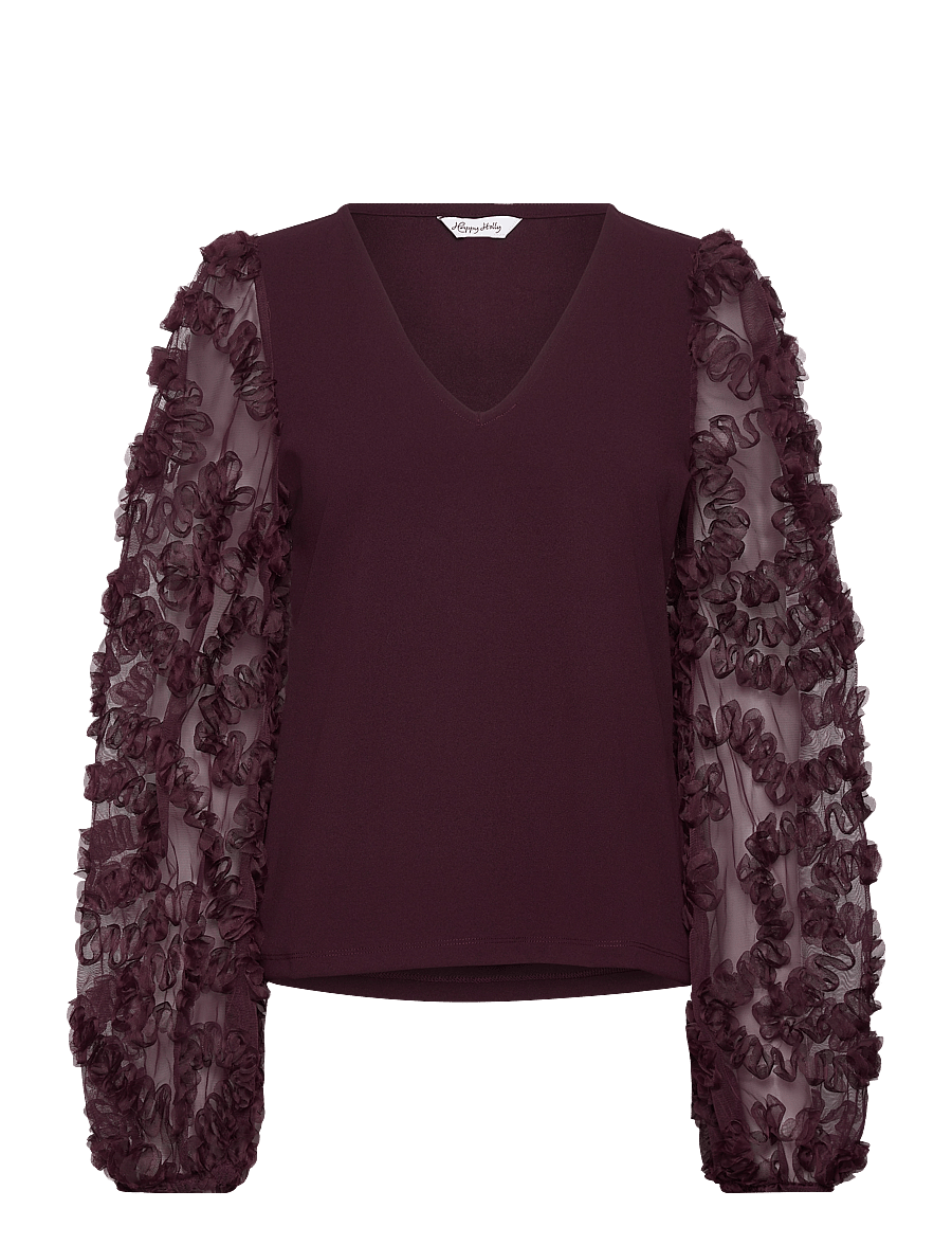 Bubbleroom - 3D Floral Sleeve V-neck Top - burgundy - 1