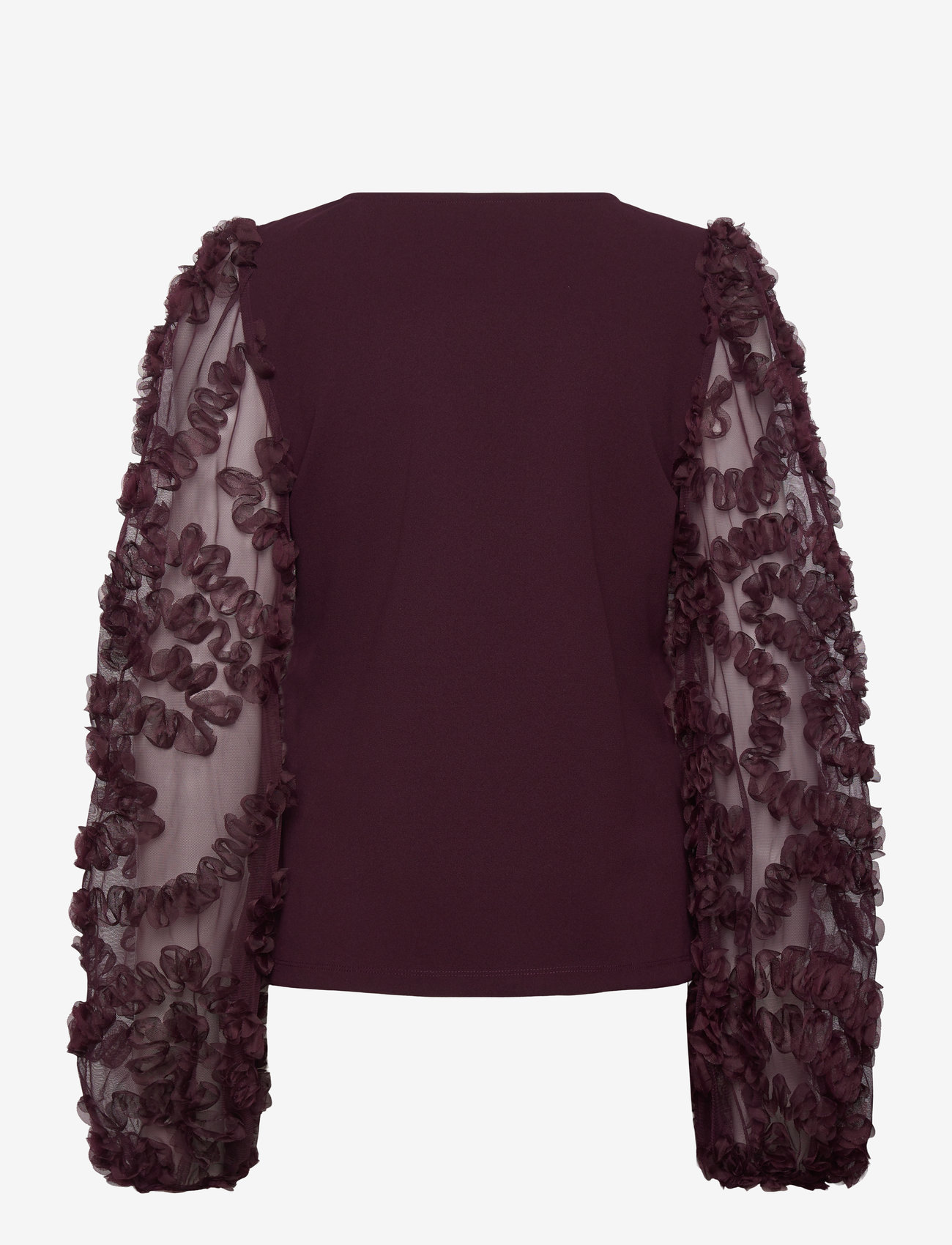 Bubbleroom - 3D Floral Sleeve V-neck Top - langärmlige blusen - burgundy - 2