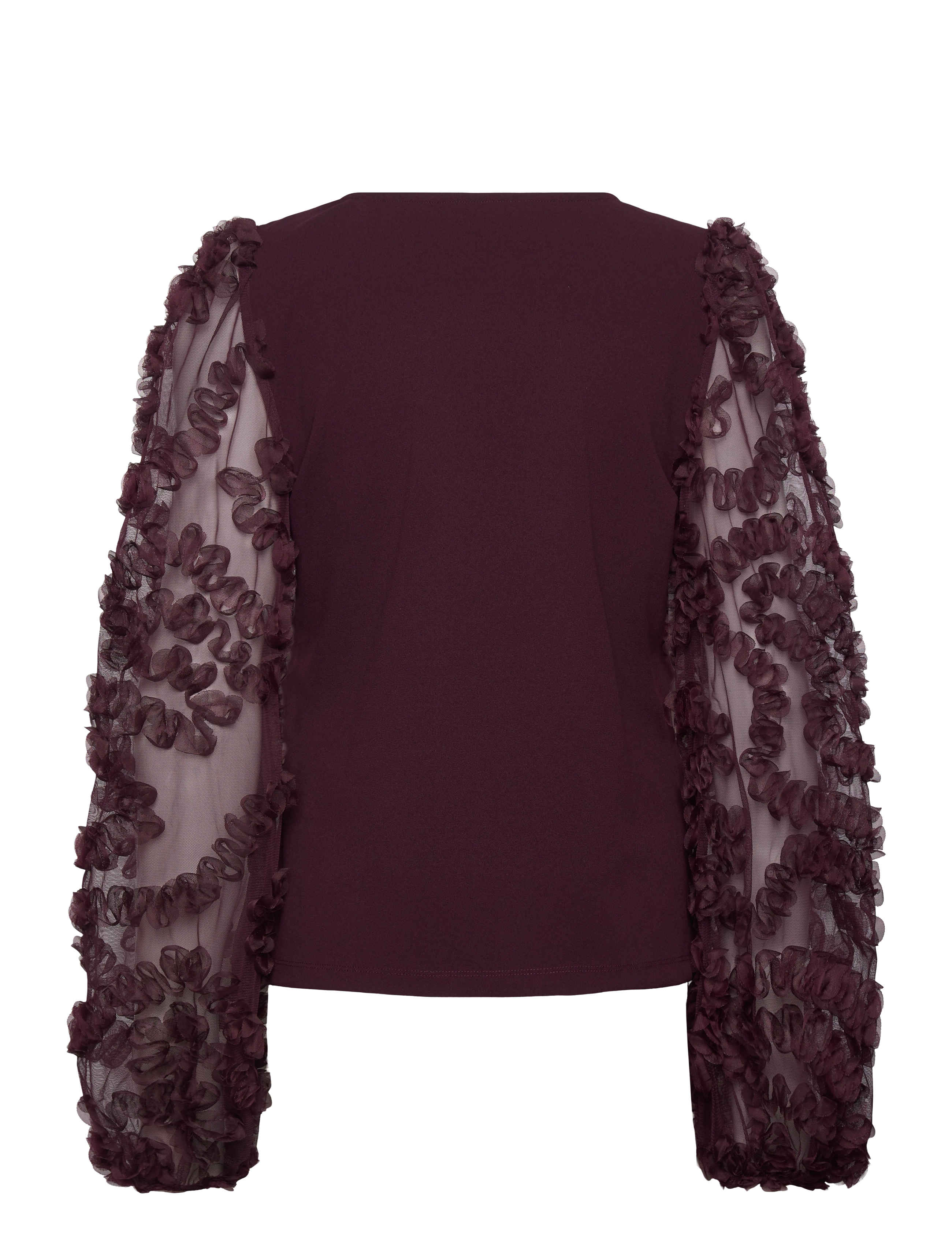 Bubbleroom - 3D Floral Sleeve V-neck Top - burgundy - 2