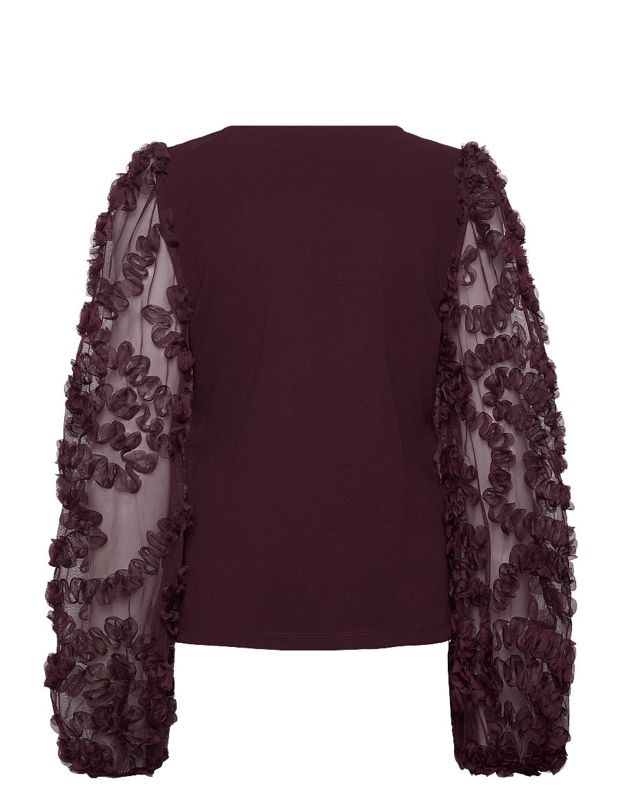 Bubbleroom - 3D Floral Sleeve V-neck Top - burgundy - 2