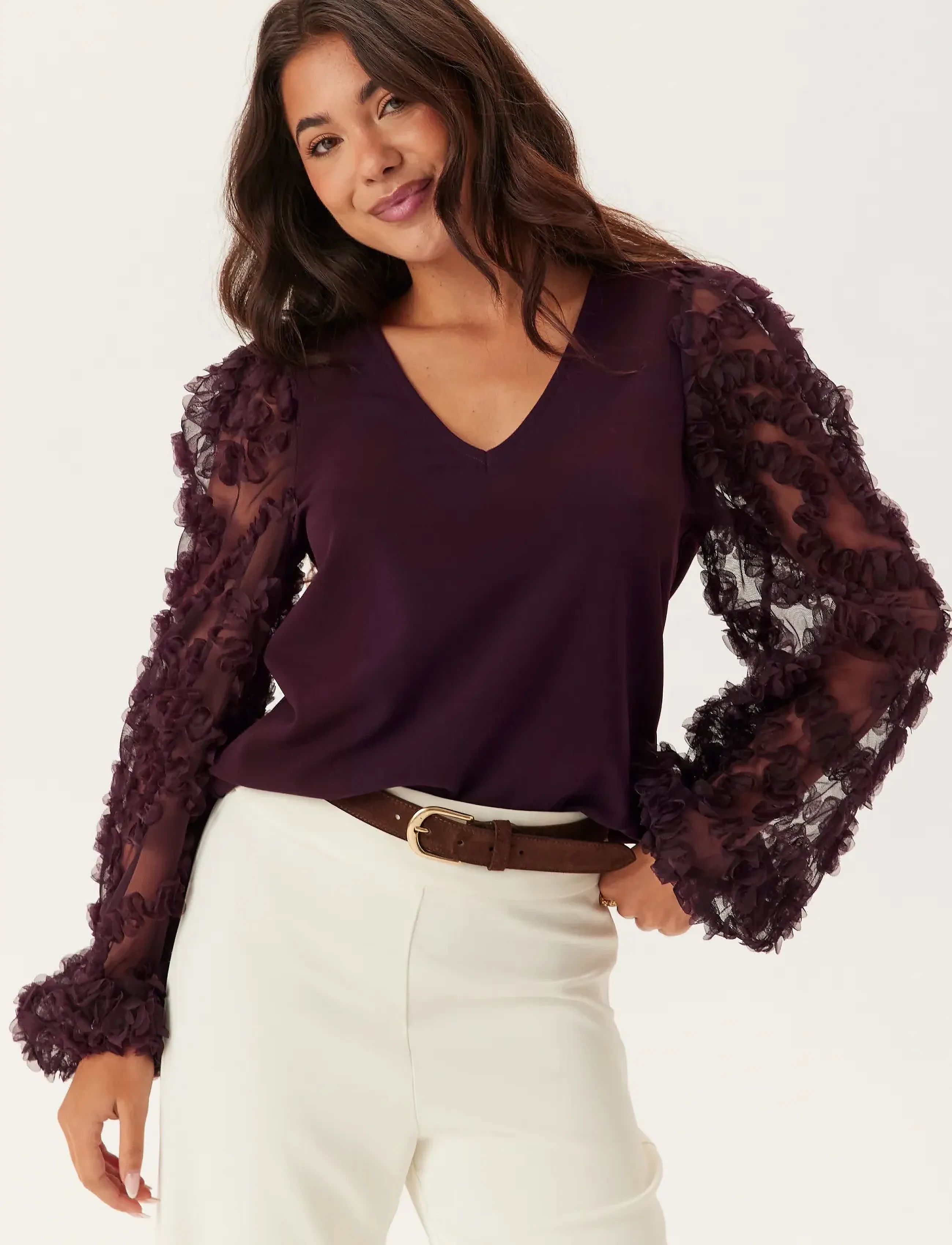 Bubbleroom 3D Floral Sleeve V-neck Top - Blusen - BURGUNDY / burgundy