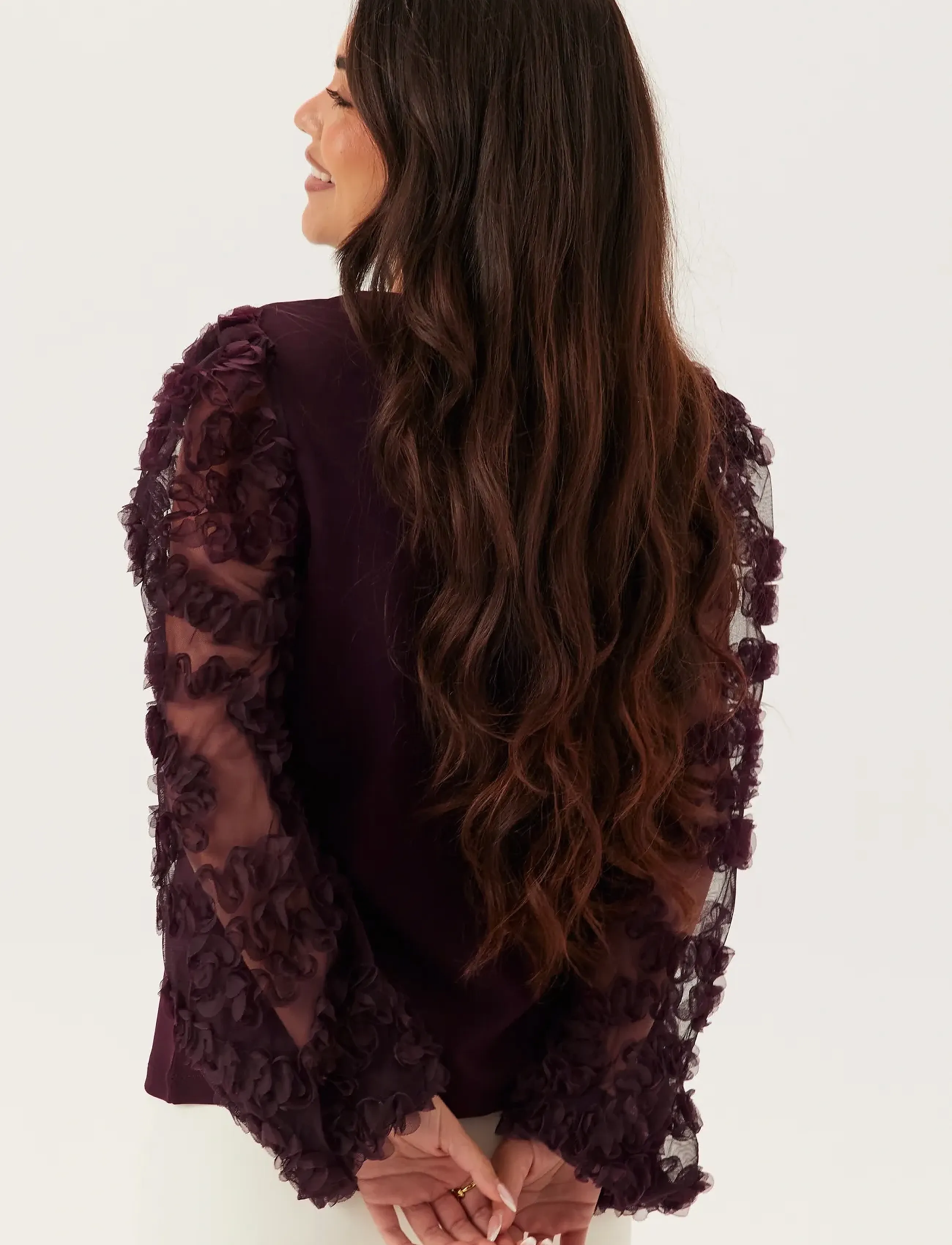 Bubbleroom - 3D Floral Sleeve V-neck Top - burgundy - 3