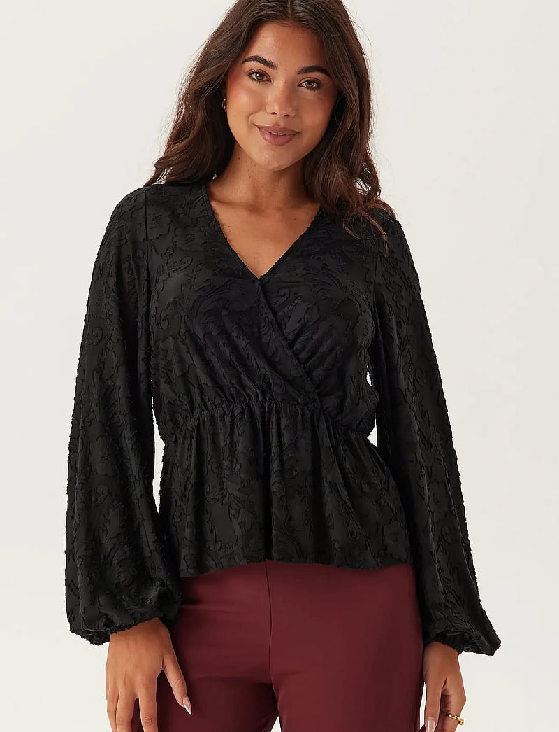 Bubbleroom - Structure Floral Top - langærmede bluser - black - 0