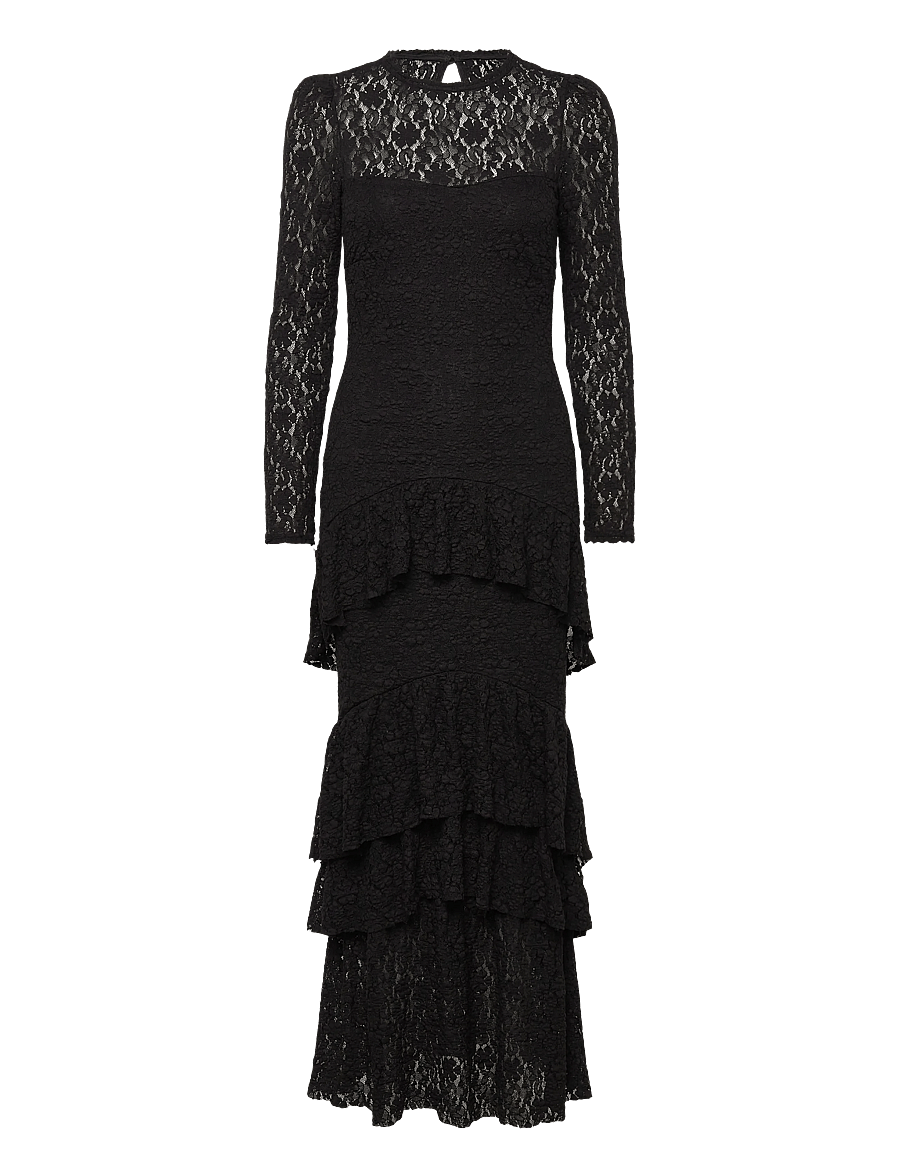 Bubbleroom - Frill Long Sleeve Maxi Dress - abendkleider - black - 1