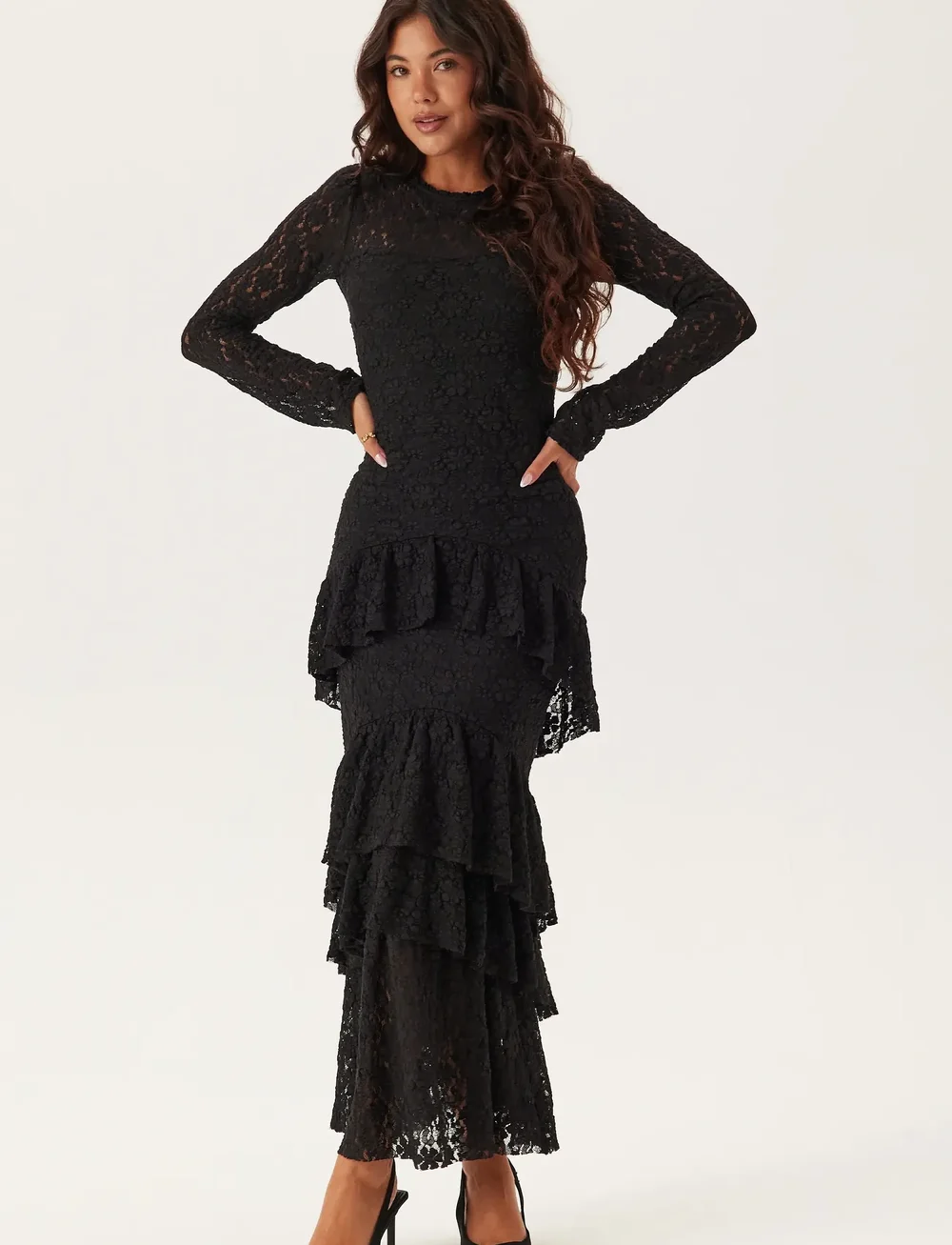 Bubbleroom - Frill Long Sleeve Maxi Dress - abendkleider - black - 0