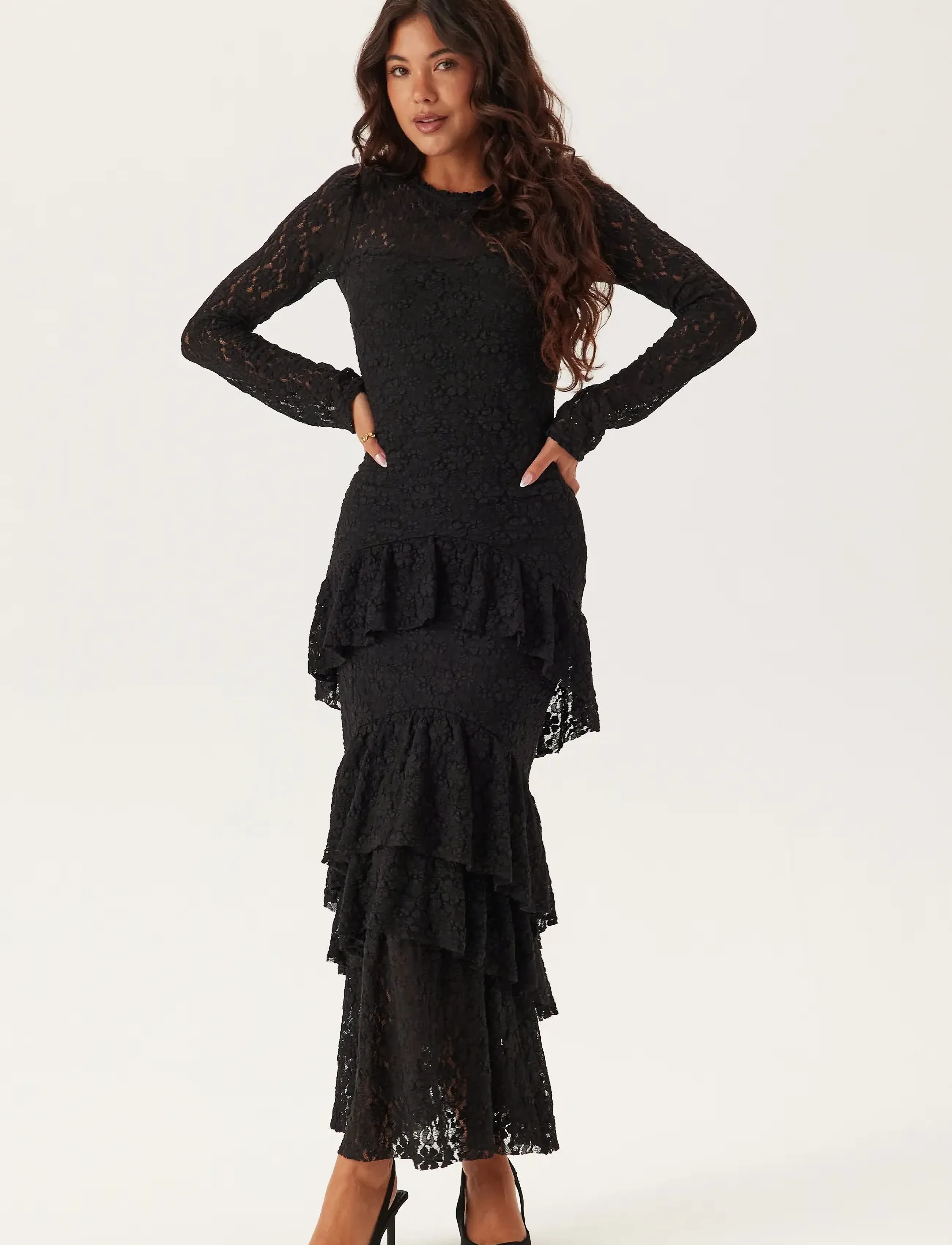 Bubbleroom Frill Long Sleeve Maxi Dress - Festtøj - BLACK / black