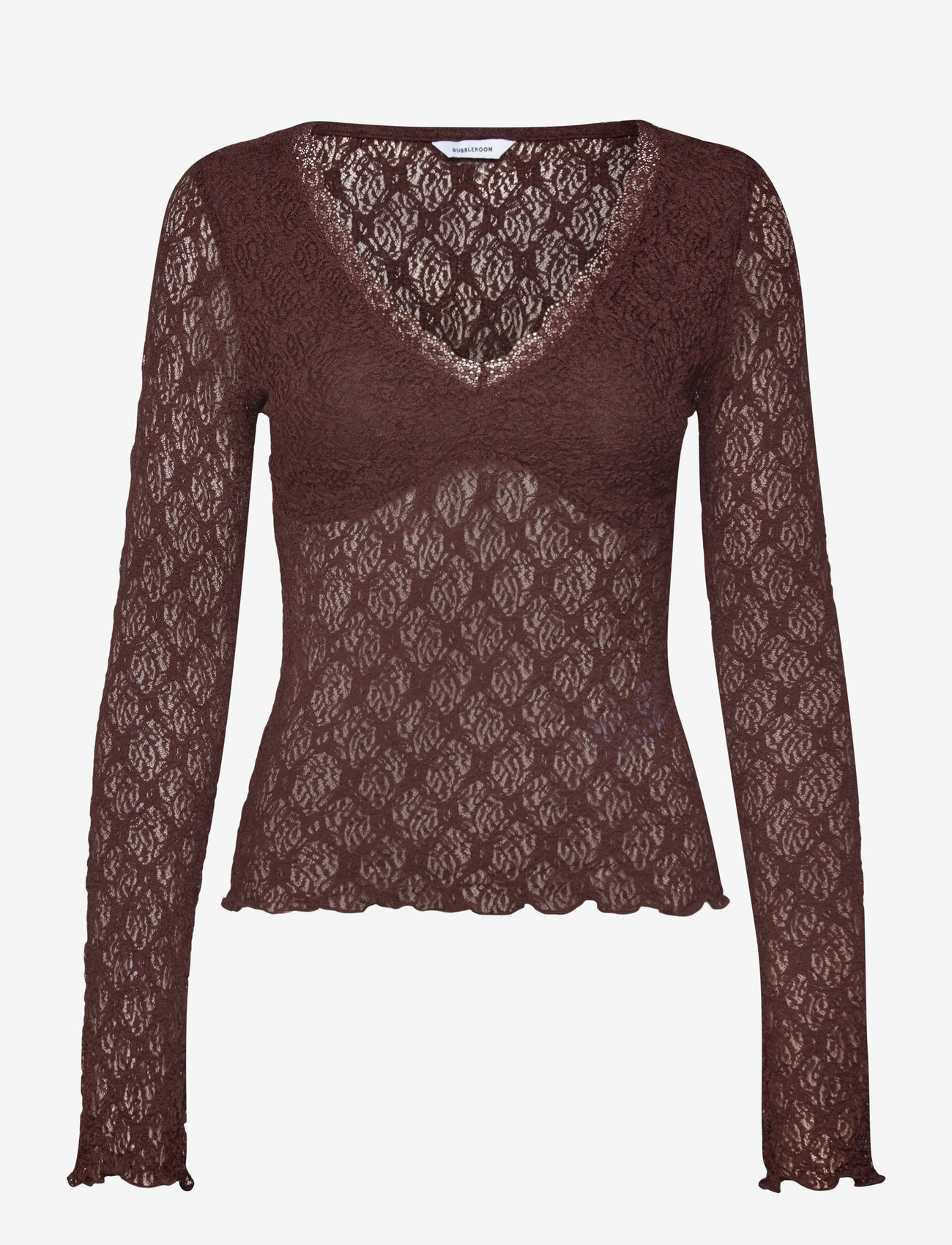Bubbleroom - V-Neck Lace Top - långärmade toppar - brown - 1
