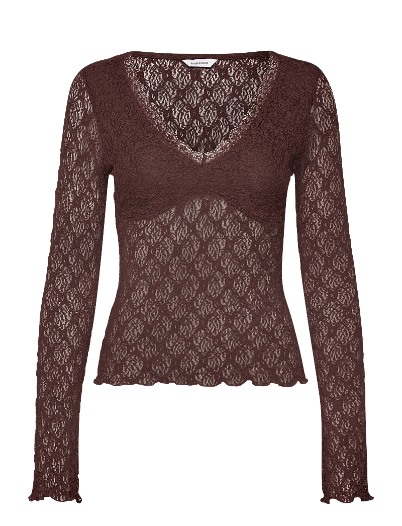 Bubbleroom - V-Neck Lace Top - långärmade toppar - brown - 1
