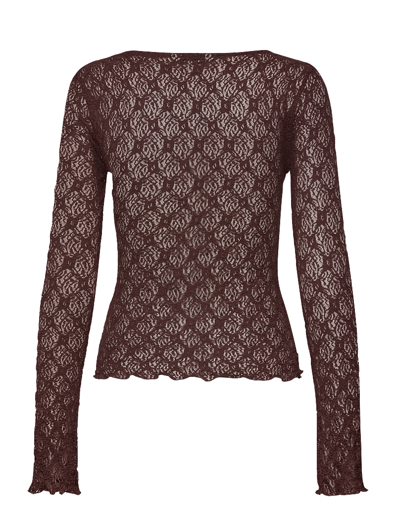 Bubbleroom - V-Neck Lace Top - långärmade toppar - brown - 2