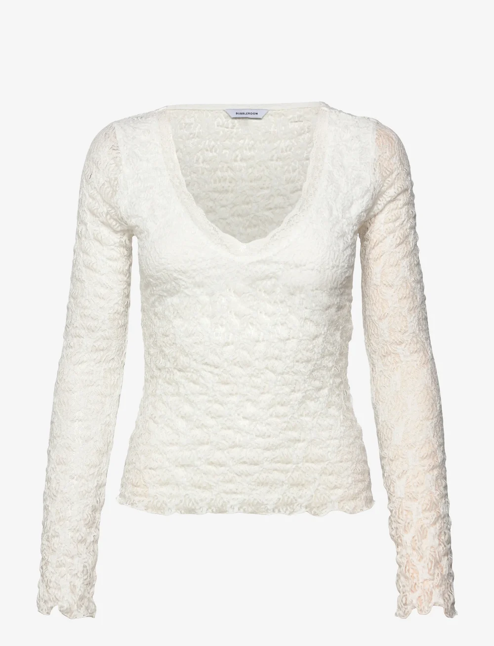 Bubbleroom - V-Neck Lace Top - långärmade toppar - offwhite - 1
