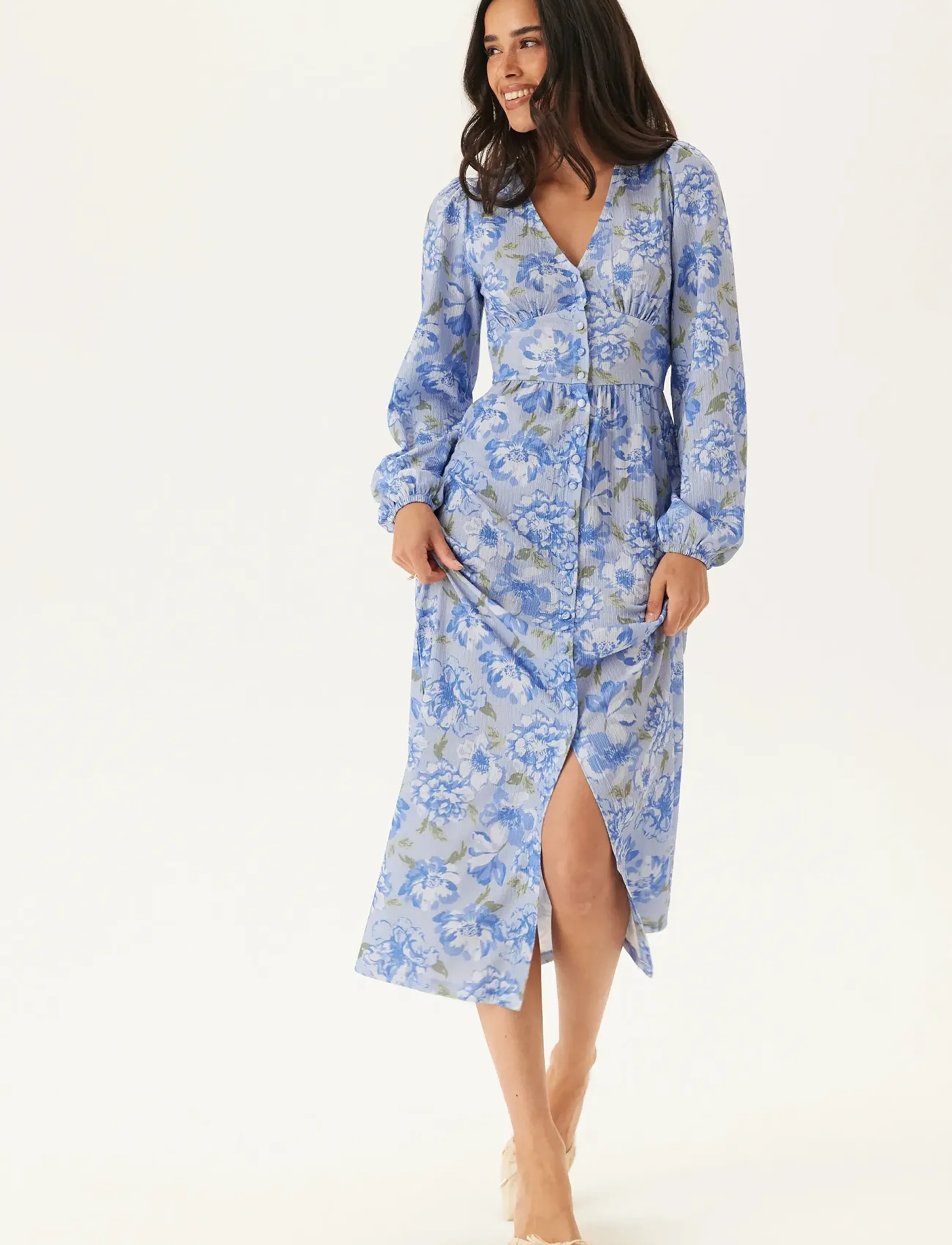 Bubbleroom Structure Button Midi Dress, XS, Dresses, Blau - Knee-length & Midi, Frauen
