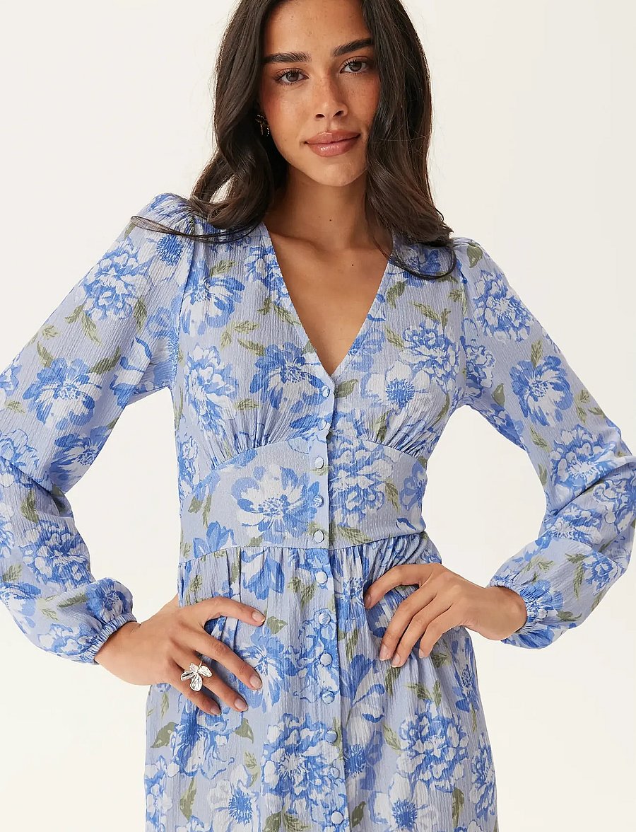 Bubbleroom - Structure Button Midi Dress - midiklänningar - blue/floral - 4