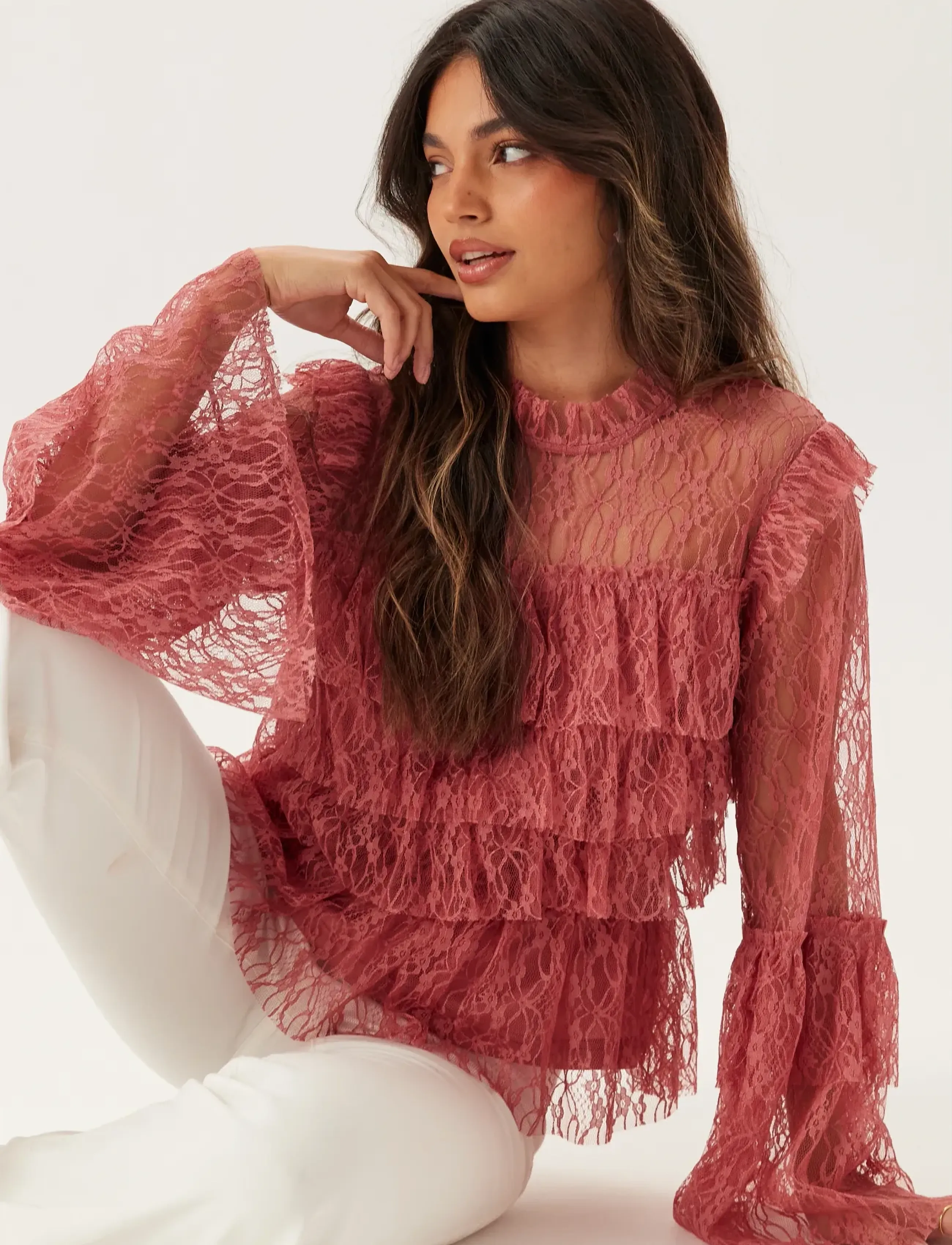 Bubbleroom Frill Lace Blouse, 42, Pink, Bluser > Langærmede, Dame