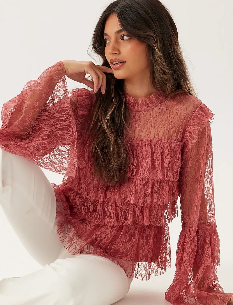 Bubbleroom - Frill Lace Blouse - langærmede bluser - old rose - 0