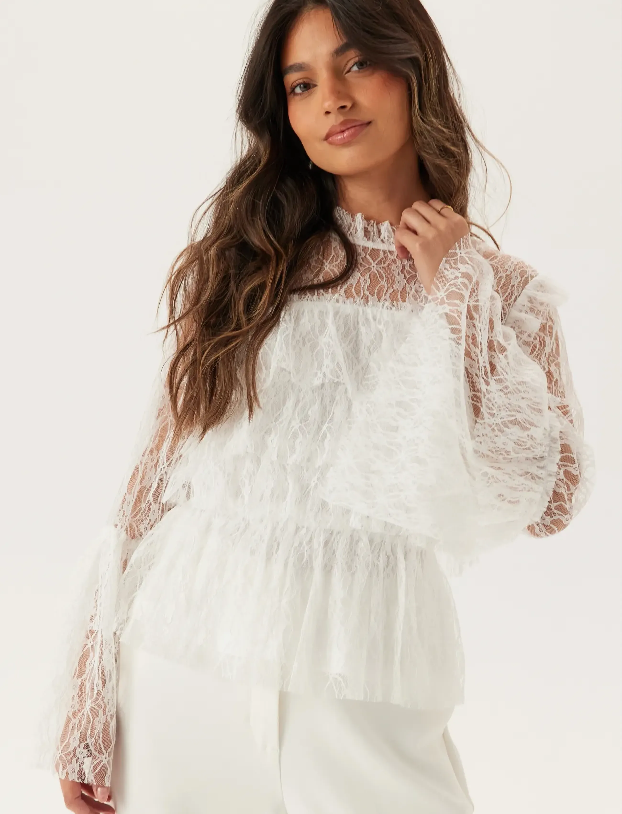 Bubbleroom Frill Lace Blouse - Blusen - WHITE / white