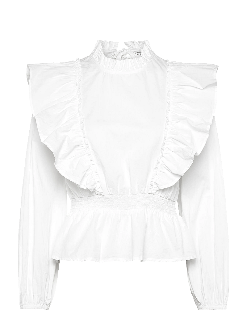 Bubbleroom - Cotton Frill Blouse - långärmade blusar - white - 0